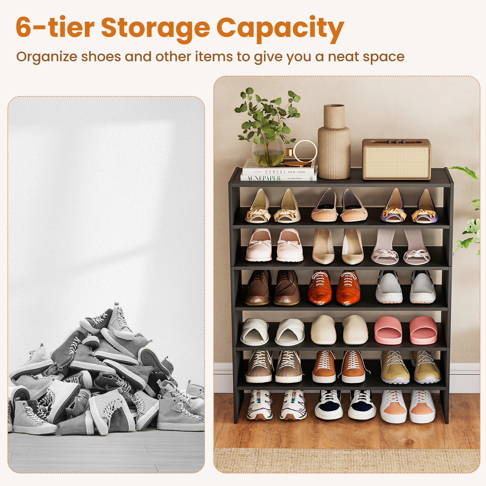 SUGIFT 6-Tier Black 31-in Wide Stackable Modular Shoe Rack Organizer with Anti-Tip Kit for Entryway