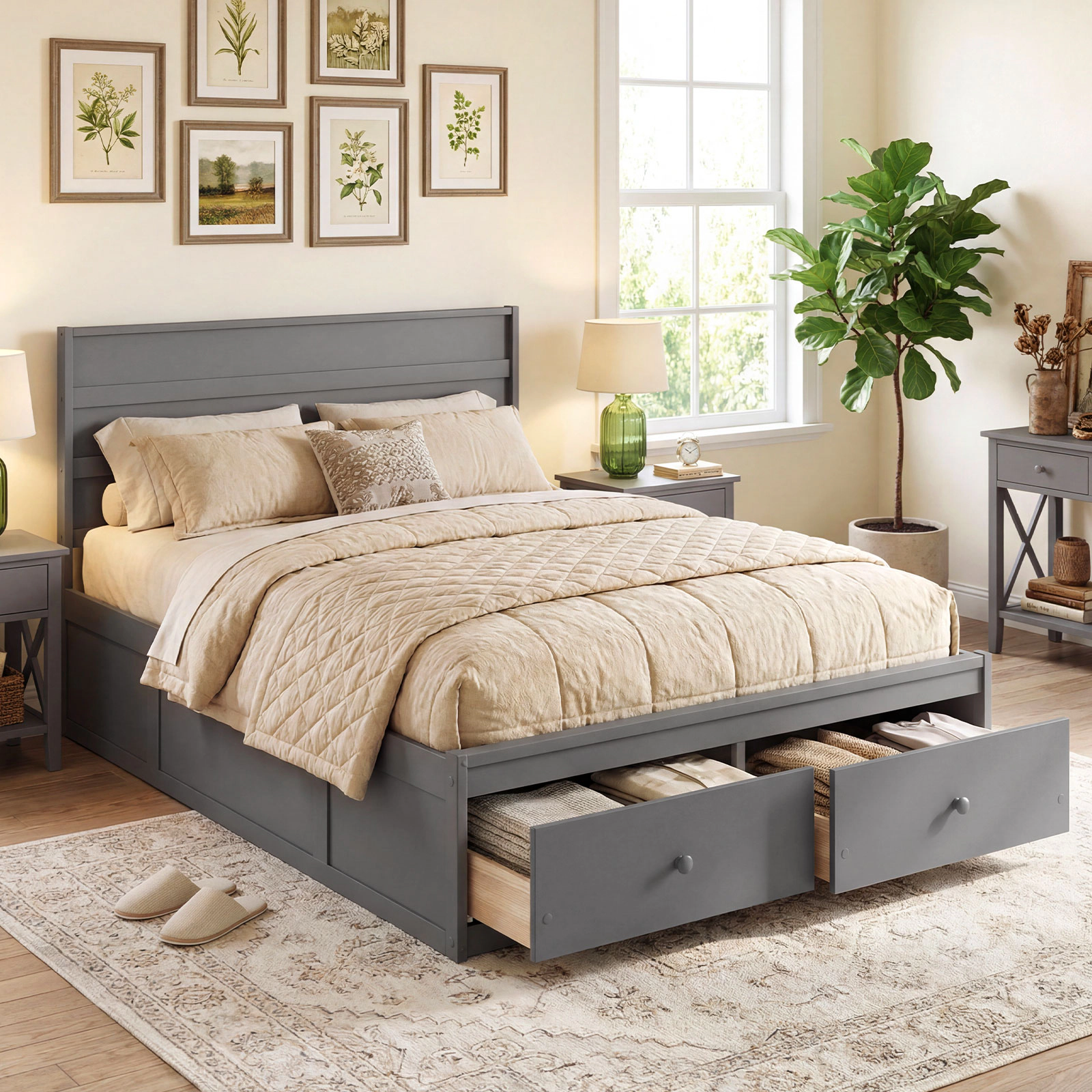 LJG Full Wooden Platform Bed Frame with Storage Drawers