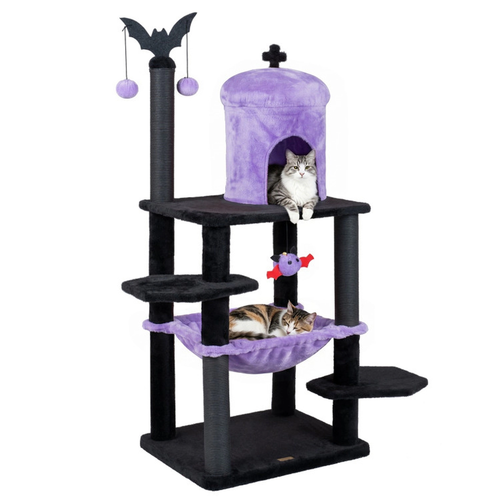 SUGIFT 51-in Gothic Multi-level Cat Tree with Castle Condo Hammock and Spider Toy 22-lb Capacity Purple & Black