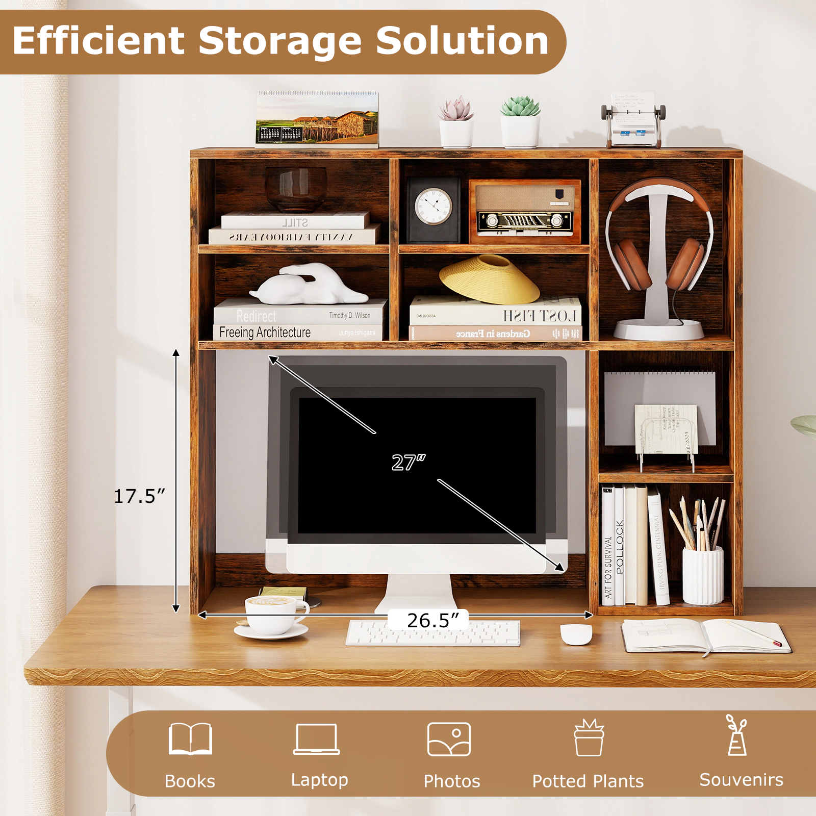 Hivvago Desktop Bookshelf With 7 Open Cubbies And 3 Adjustable Shelves
