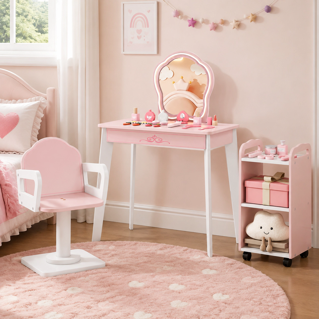 SUGIFT 3-Piece Kids Wooden Vanity Table Set with LED Lighted Mirror Rolling Cart and Swivel Chair