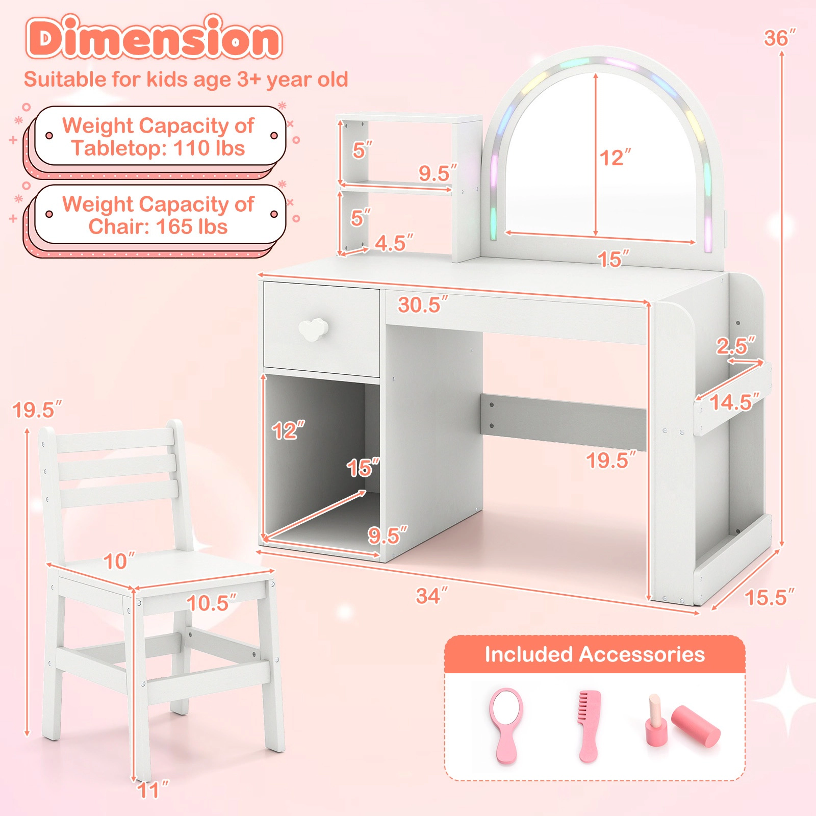 SUGIFT Kids Vanity Table and Chair Set with Lighted Mirror 110-lb Tabletop and 165-lb Chair Capacity Ages 3+ White