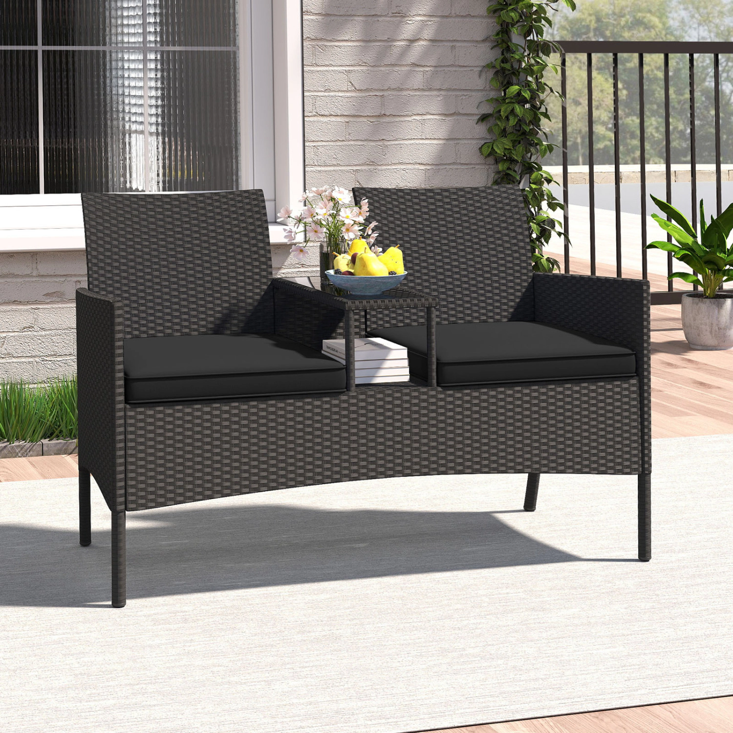 LJG Patio Loveseat with Built-in Table for Backyard Porch