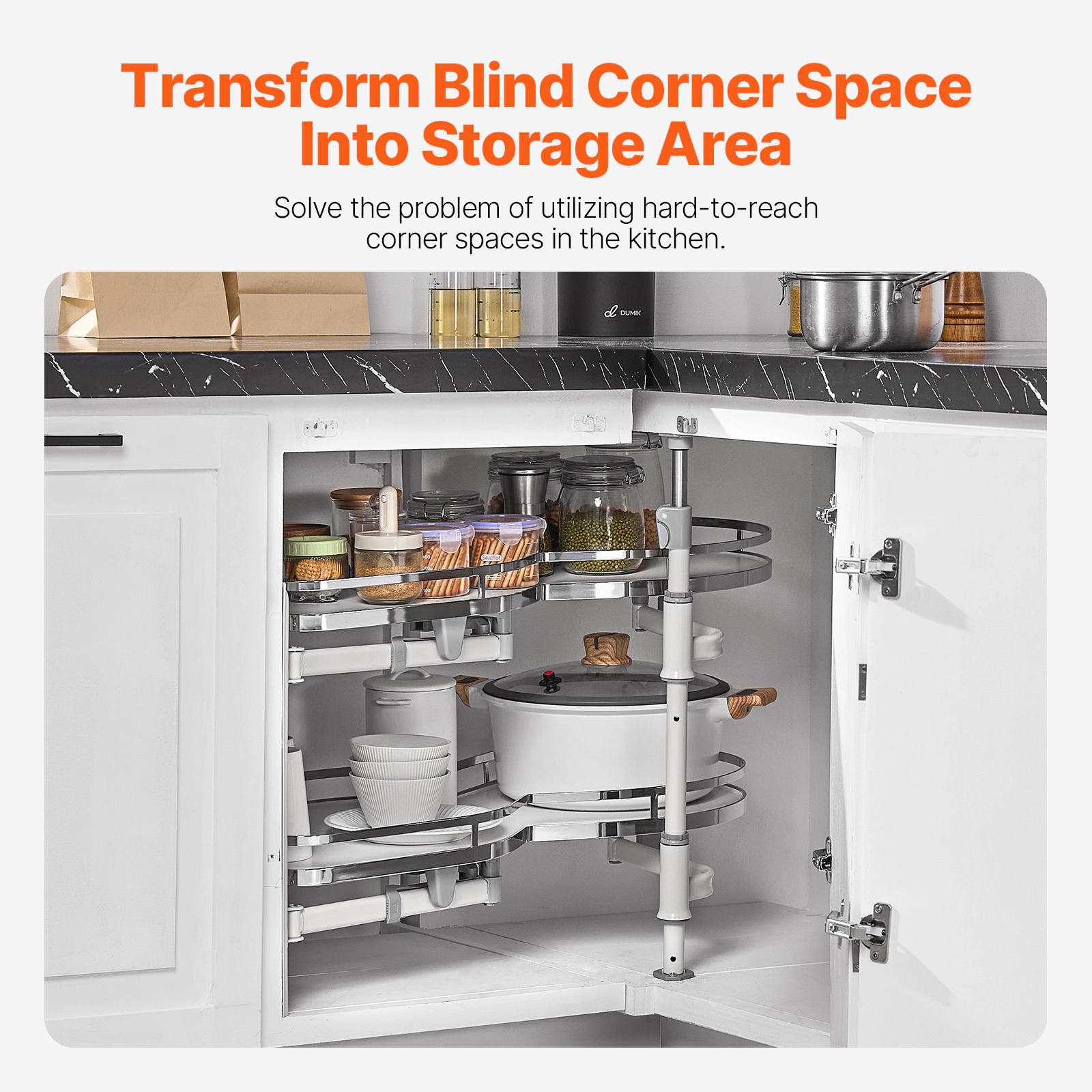 HONGGE Blind Corner Cabinet Pull Out Organizer Blind Cabinet 2 Tier Kitchen Blind Organizer Open