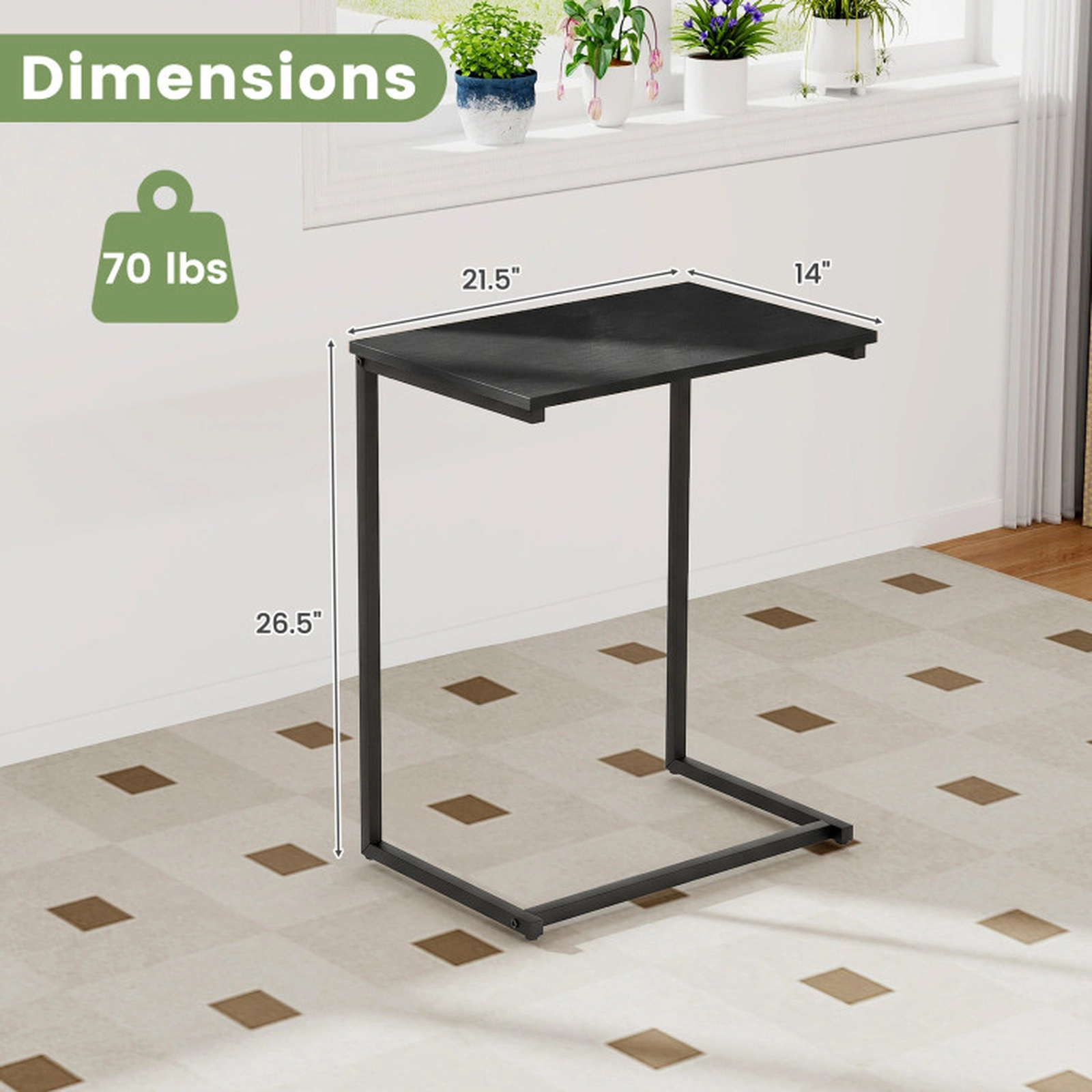 SUGIFT 21.5 in C-Shaped Side Table Black Snack Table with Metal Frame for Sofa