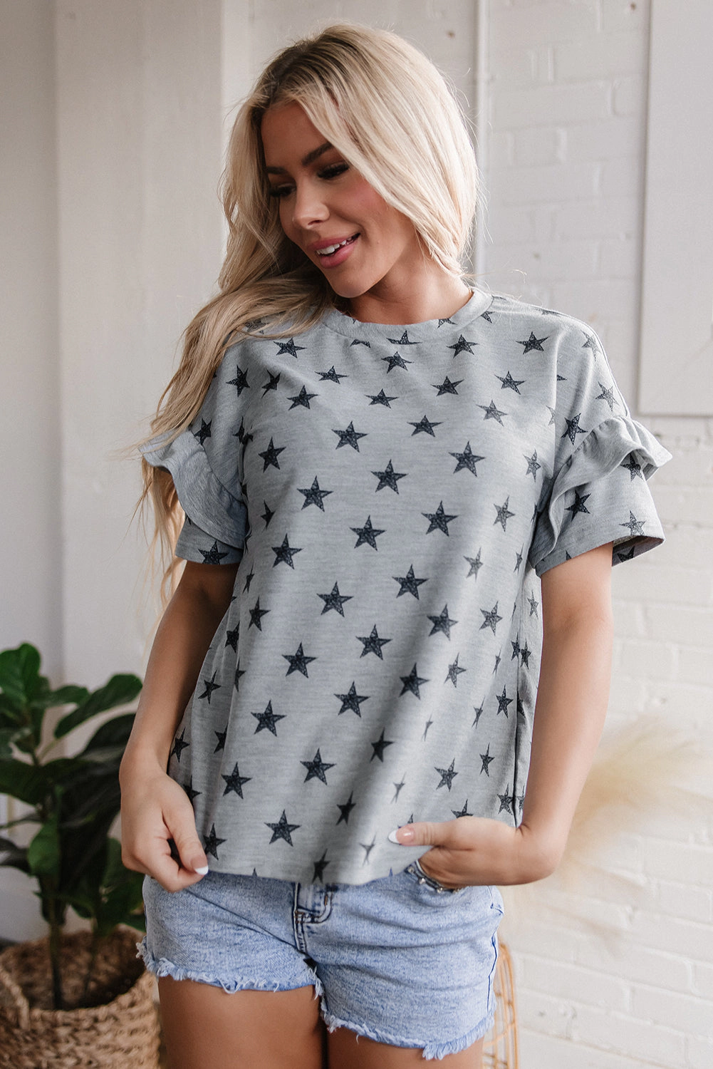 Threaded Pear Women's Joelle Star Ruffled Sleeve Crew Neck Top