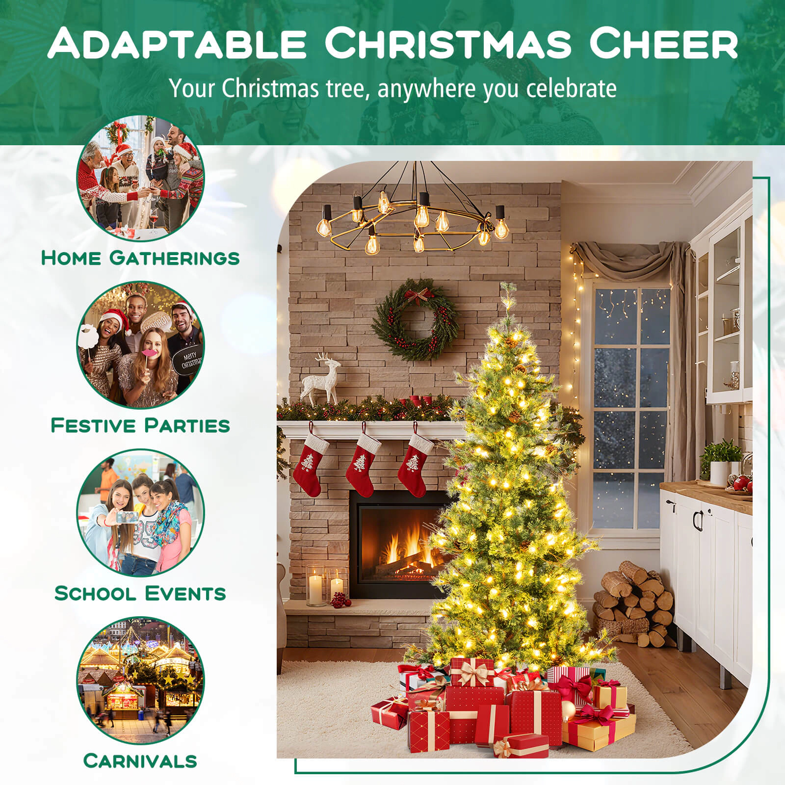 Costway 6/7/8 FT Artificial Christmas Tree with 702 Branch Tips, 28/36 Pine Cones & 400 LED Lights