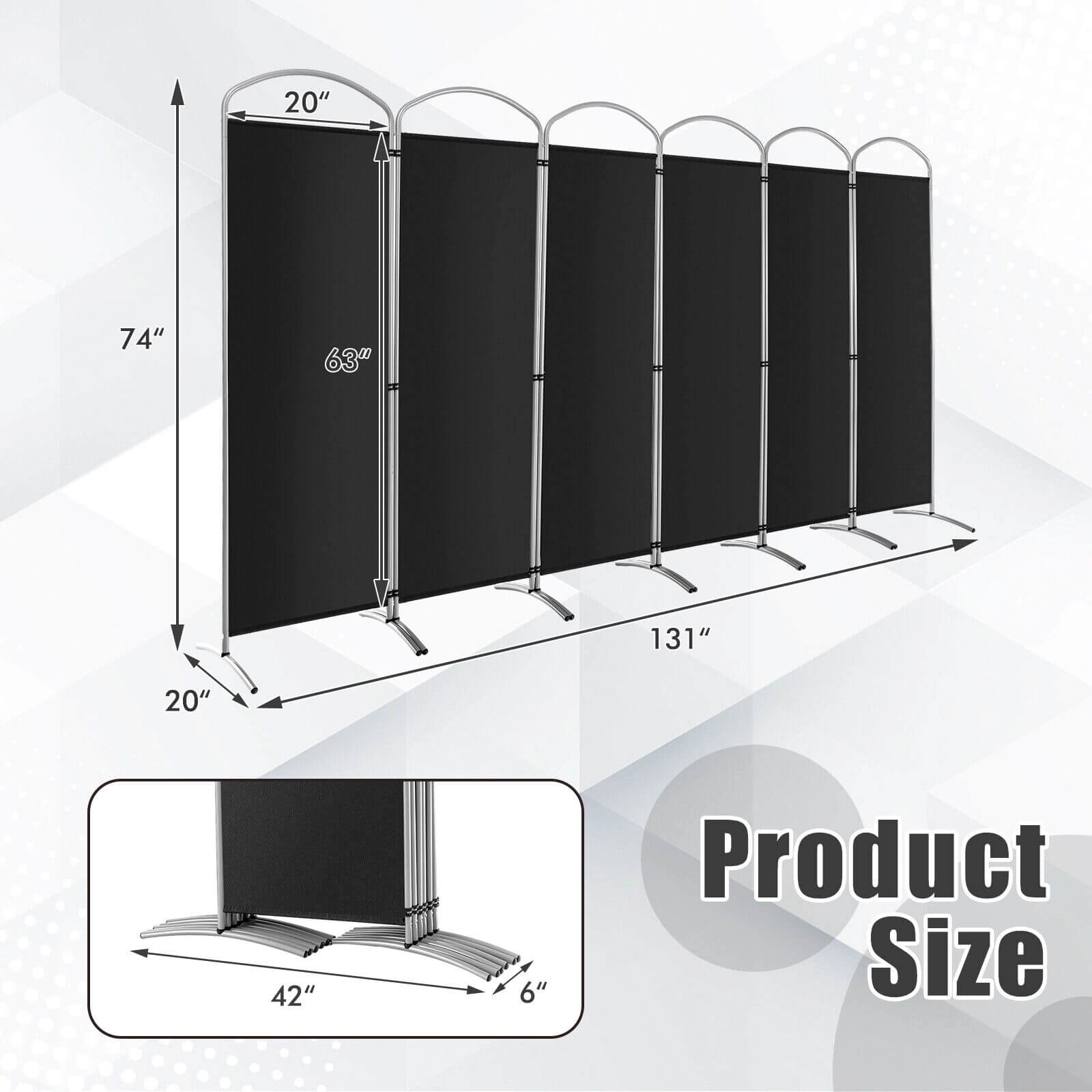 SUGIFT Black 6-Panel 131-in Wide 74-in Tall Freestanding Folding Room Divider Screen with Curved Base