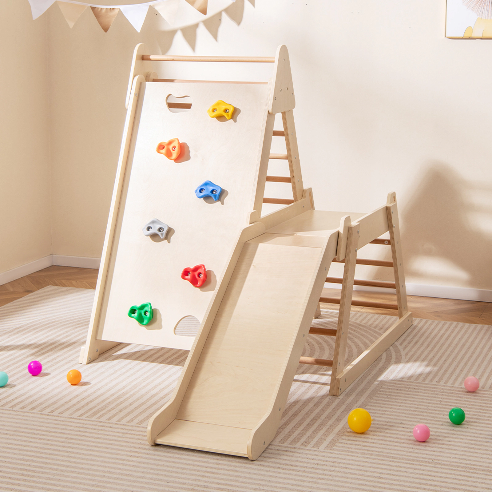 SUGIFT Natural Extended Slide 3 in 1 Toddler Indoor Playground Jungle Gym