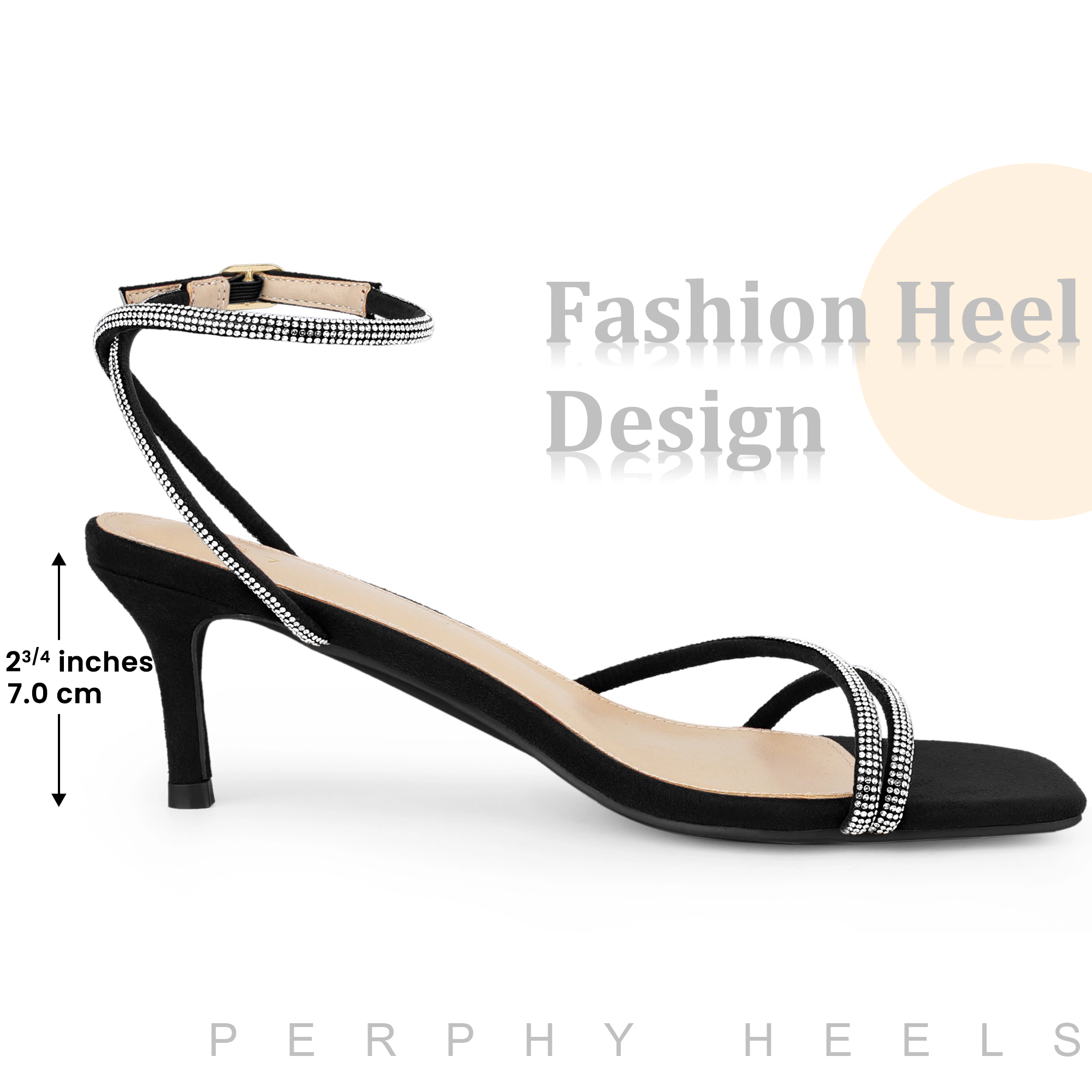 BLISSFUL STEP Women's Rhinestone Kitten Heels Square Toe Ankle Strap Sandals
