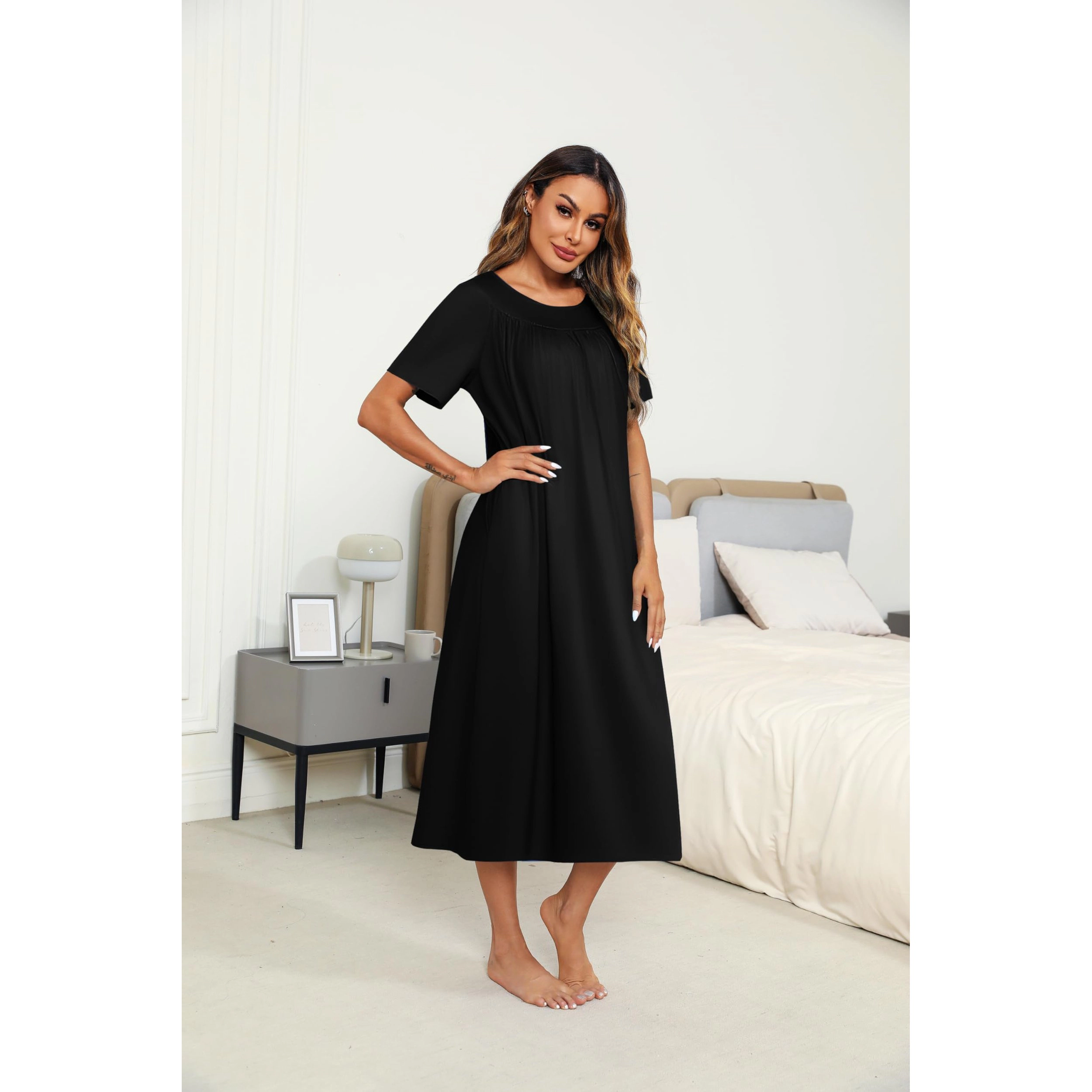 Ekouaer Women's House Dress with Pockets Long Nightgowns for Women Pleated Moo Moos