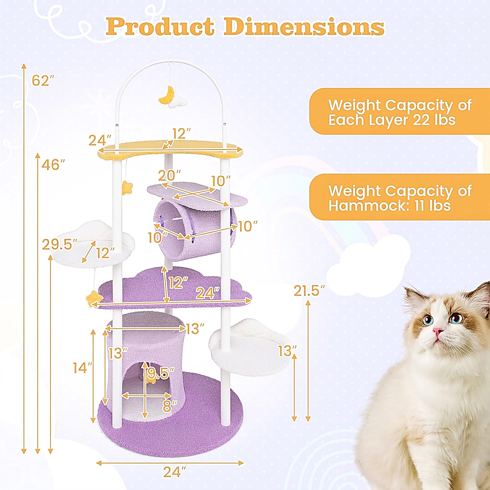 SUGIFT Purple 62 in Large Cat Tower with Metal Frame and Moon-Shaped Platform