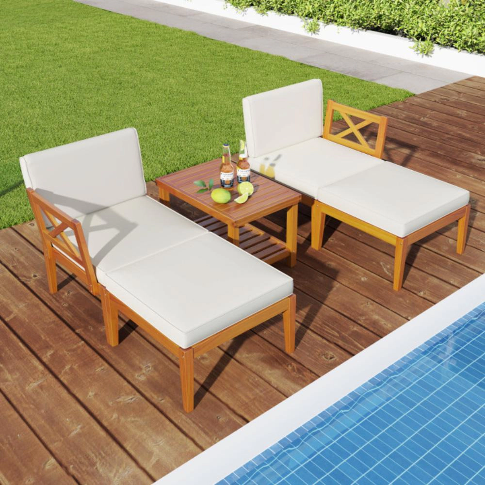 Hivvago 5 Pieces Acacia Wood Patio Chaise Lounge Chair Set With Ottoman And Cushions-White