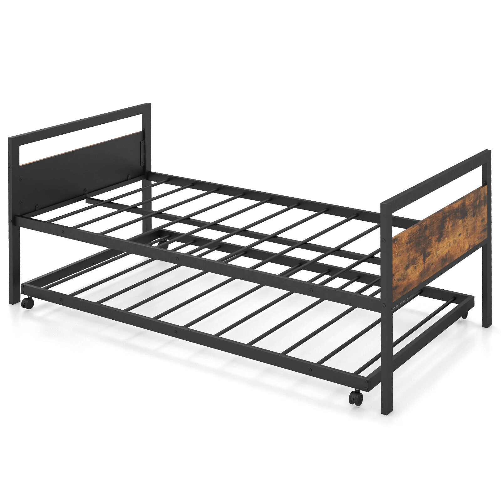 SUGIFT Twin Daybed Trundle Lockable Wheels Twin Size 550-lb Sofa Capacity 265-lb Trundle Capacity Rustic Brown & Black