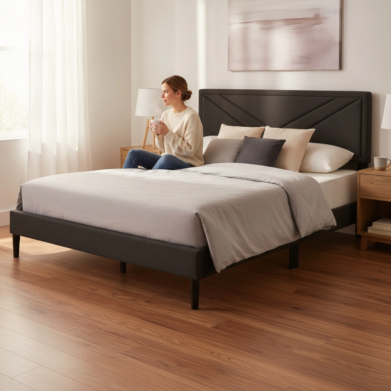 SUGIFT Queen Upholstered Platform Bed, Gray Faux Linen Tufted Panel Headboard