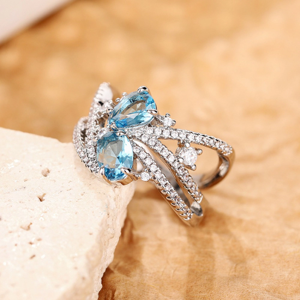 Oval Blue Cubic Zirconia Crossover Statement Ring Twisted Pave Band Cocktail Ring