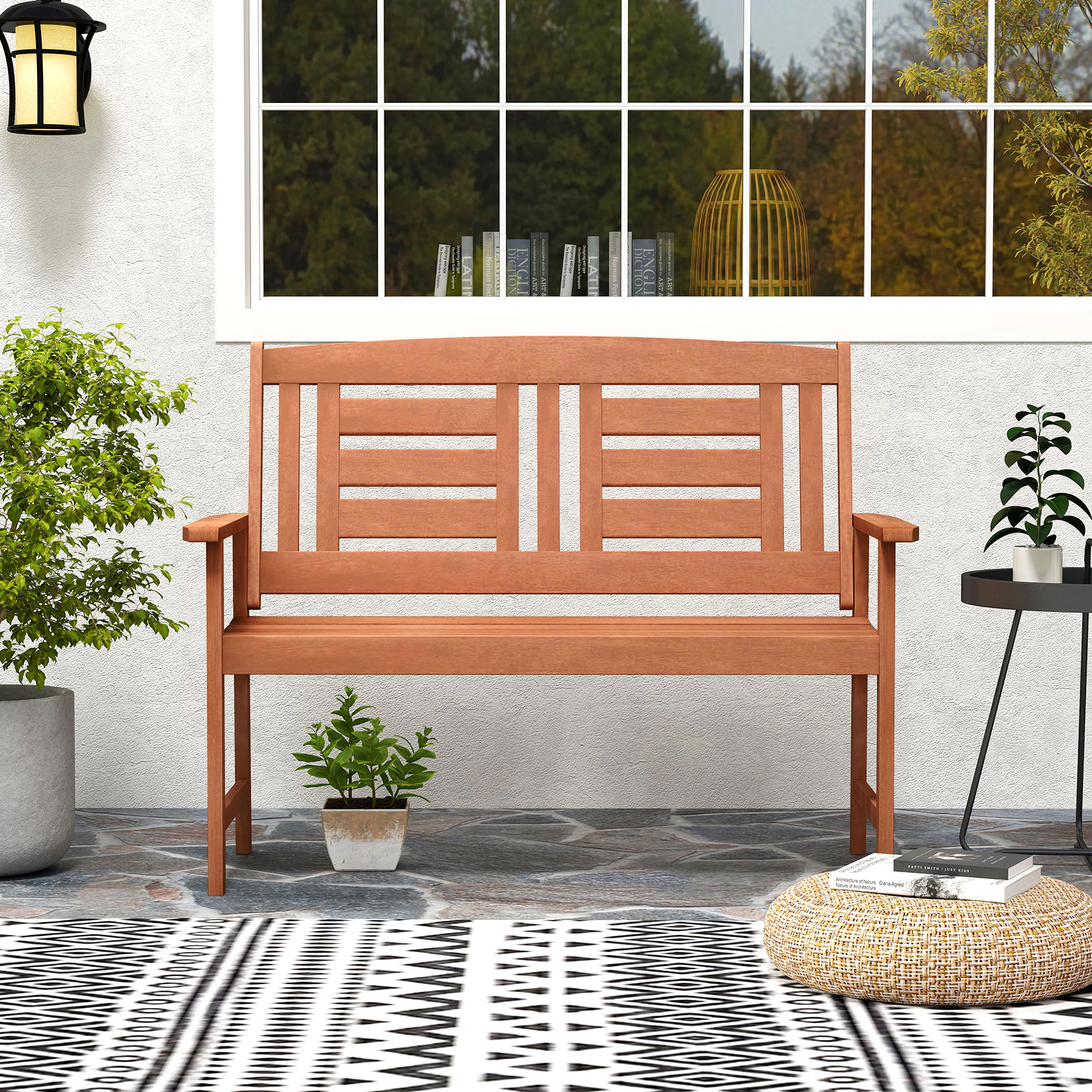 SUGIFT 47.5 in Outdoor Loveseat Teak Finish Hardwood 2-Seat Bench with Inclined Backrest