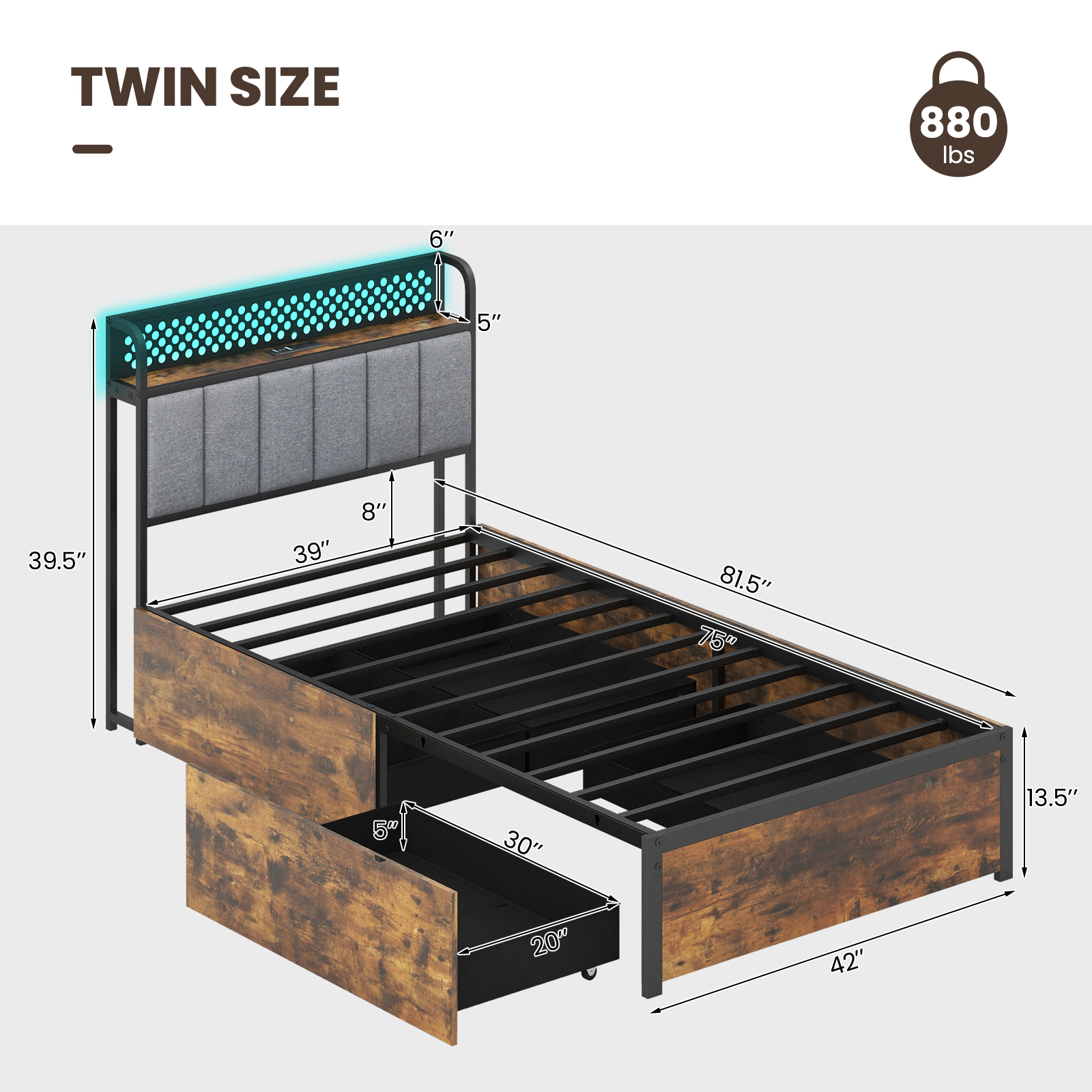 SUGIFT Twin Size 4-Drawer LED Storage Bed Frame with Upholstered Headboard and Power Outlets Rustic Brown