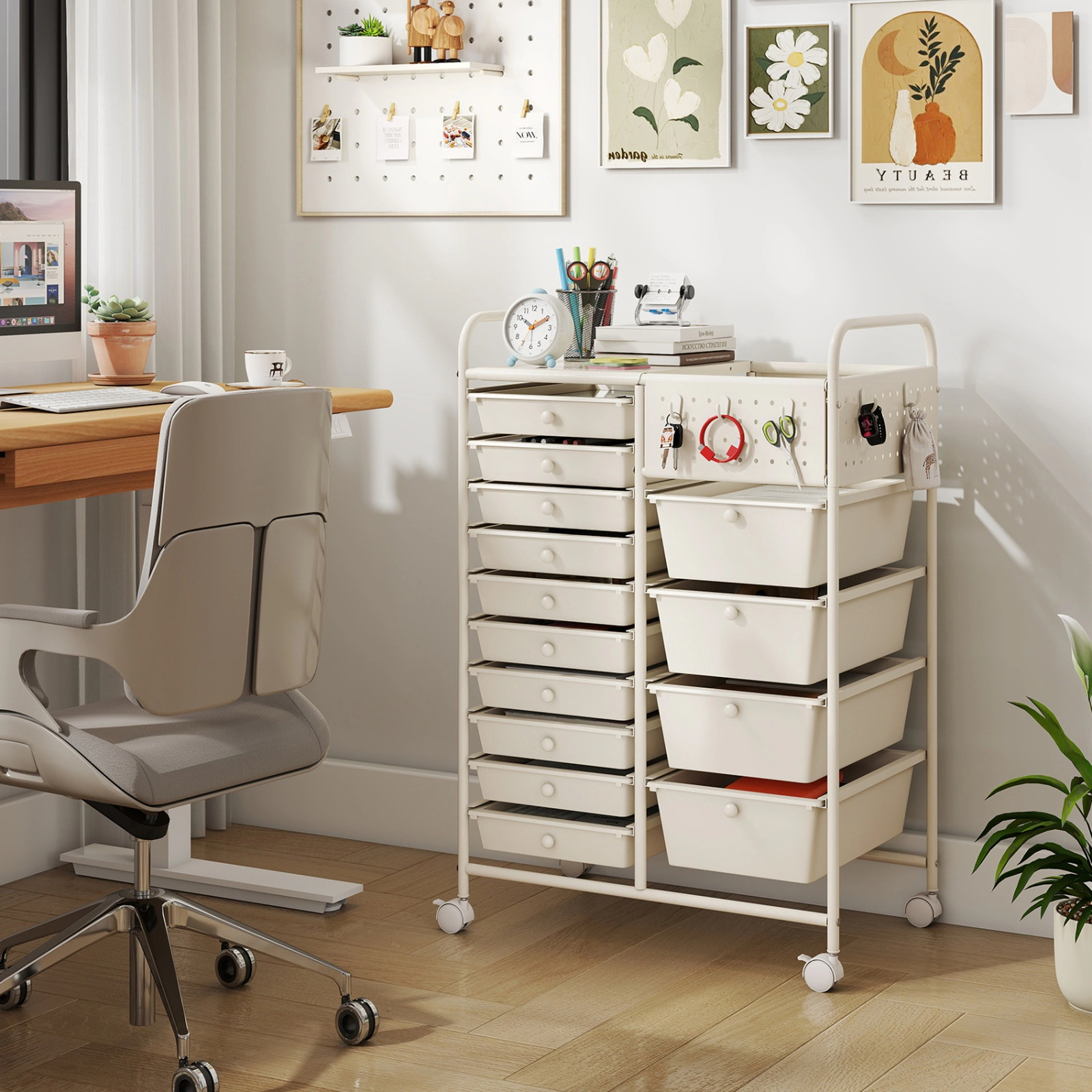 SUGIFT 14-Drawer Rolling Storage Cart with Metal Tabletop and Pegboard 34.5-in Tall White