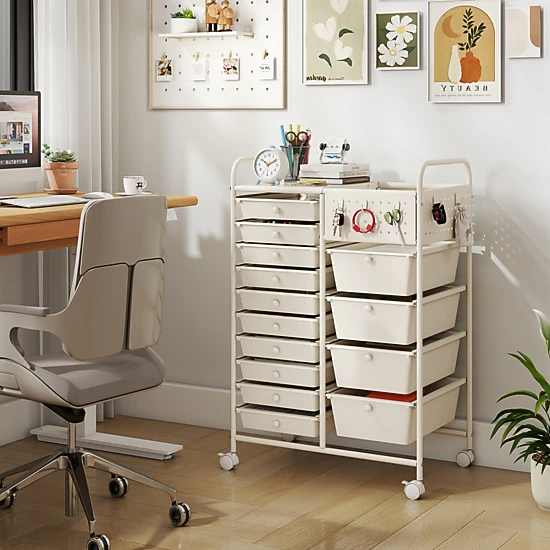 SUGIFT 14-Drawer Rolling Storage Cart with Metal Tabletop and Pegboard 34.5-in Tall White