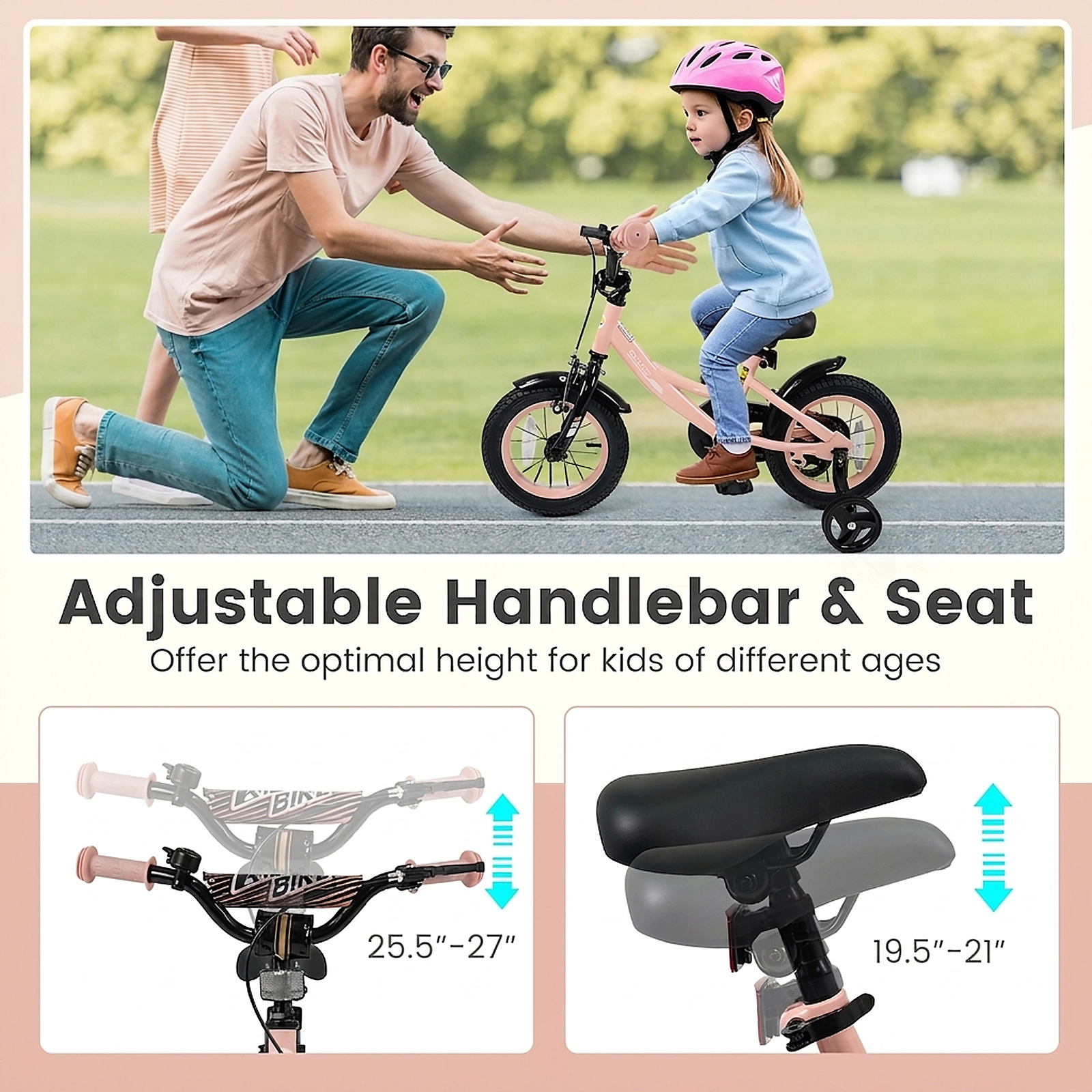 SUGIFT Adjustable Kids Bike with Removable Training Wheels 145-lb Capacity Ages 3-8 Pink