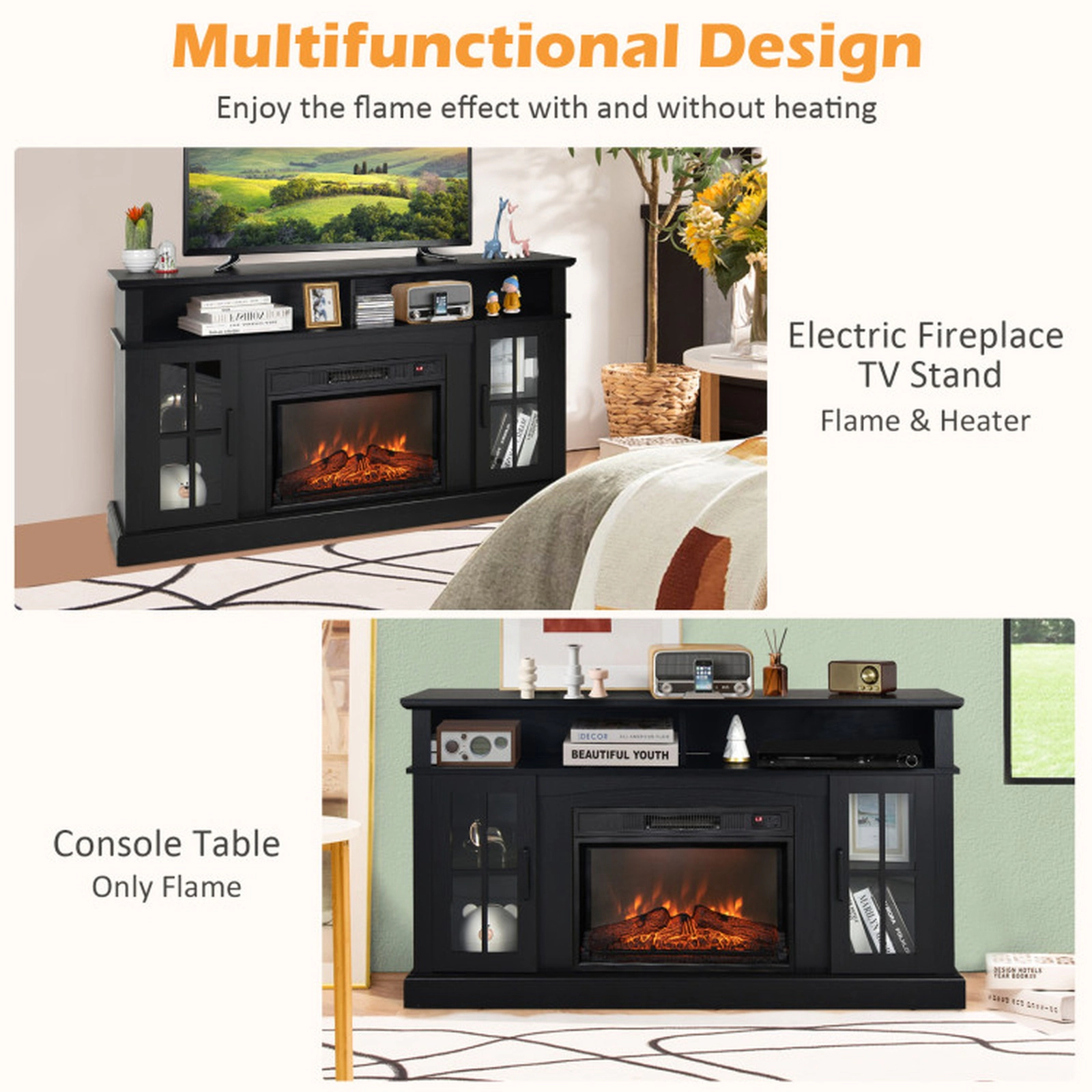 SUGIFT 58-In Black Fireplace TV Stand for TVs up to 65 Inches, 5000 BTU Heater, Cabinets