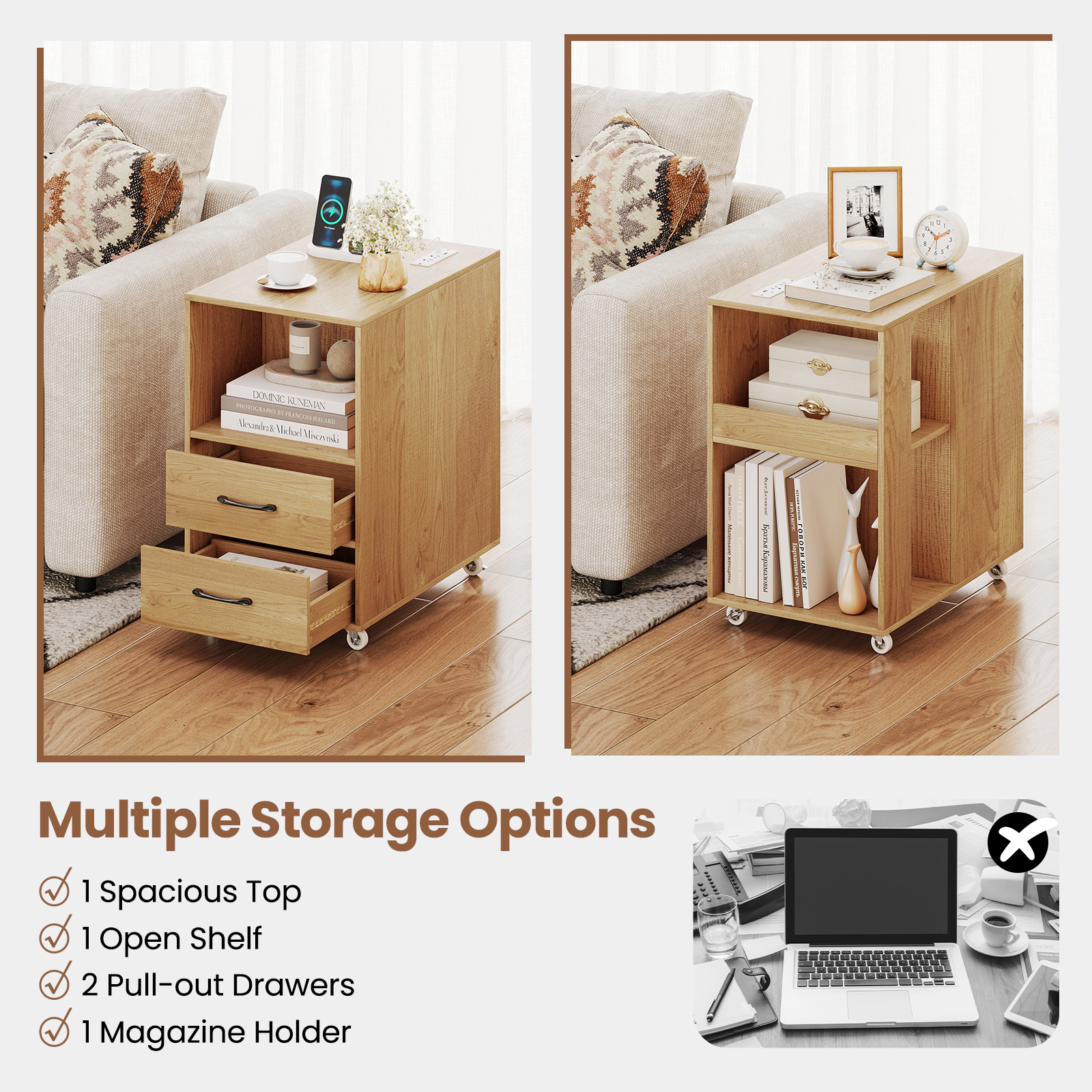 Glintex Double-Sided End Table with Charging Station 2 Drawers and Swivel Wheels