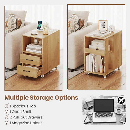 Glintex Double-Sided End Table with Charging Station 2 Drawers and Swivel Wheels