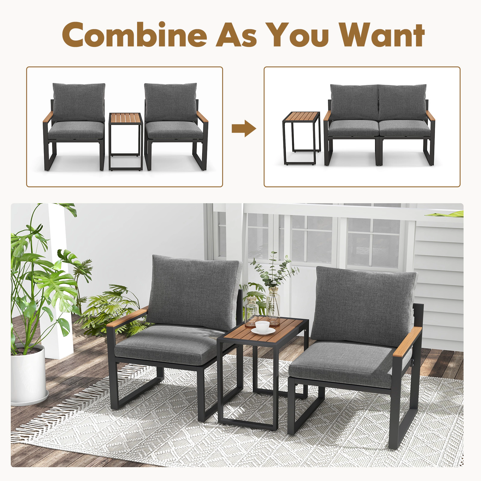SUGIFT 3-Piece 330-lb Capacity Gray Aluminum Frame Weatherproof Patio Conversation Set with WPC Tabletop