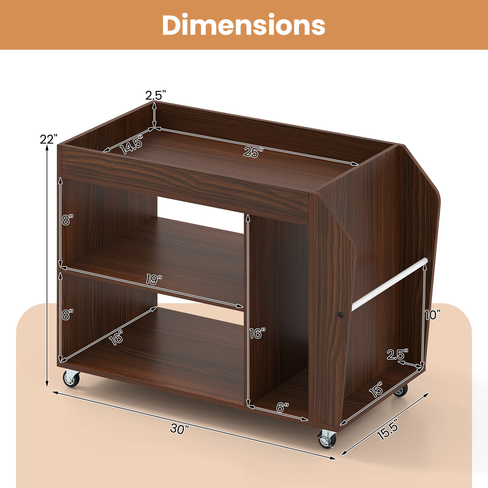 SUGIFT 3-Tier Engineered Wood Side End Table with Wheels 44-lb Countertop Capacity Walnut