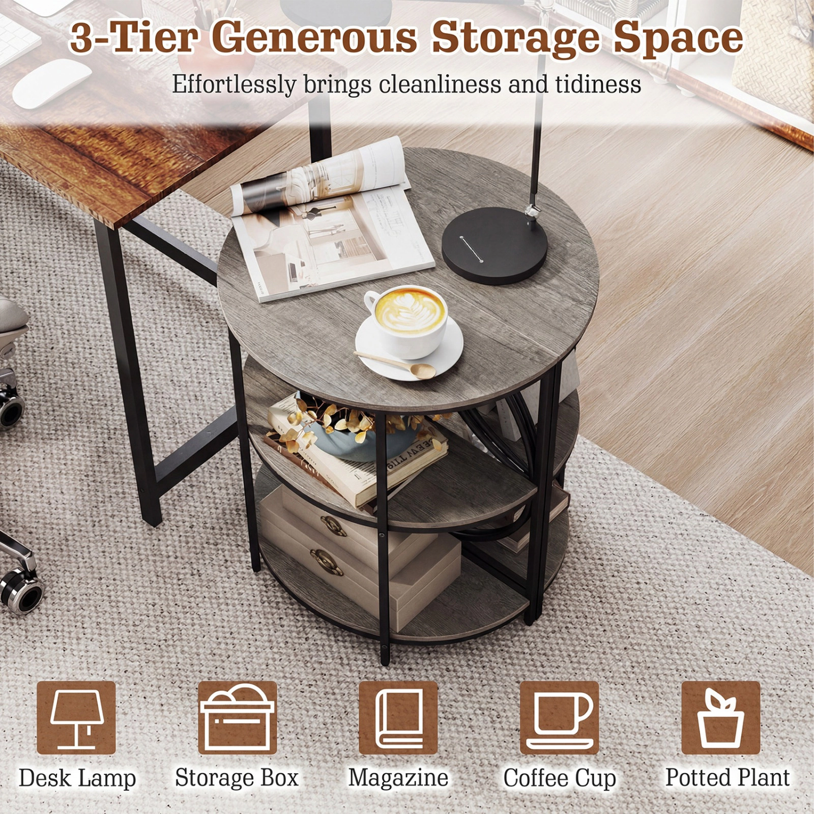 SUGIFT Metal Frame for Living Room 3-Tier Gray Half Round End Table