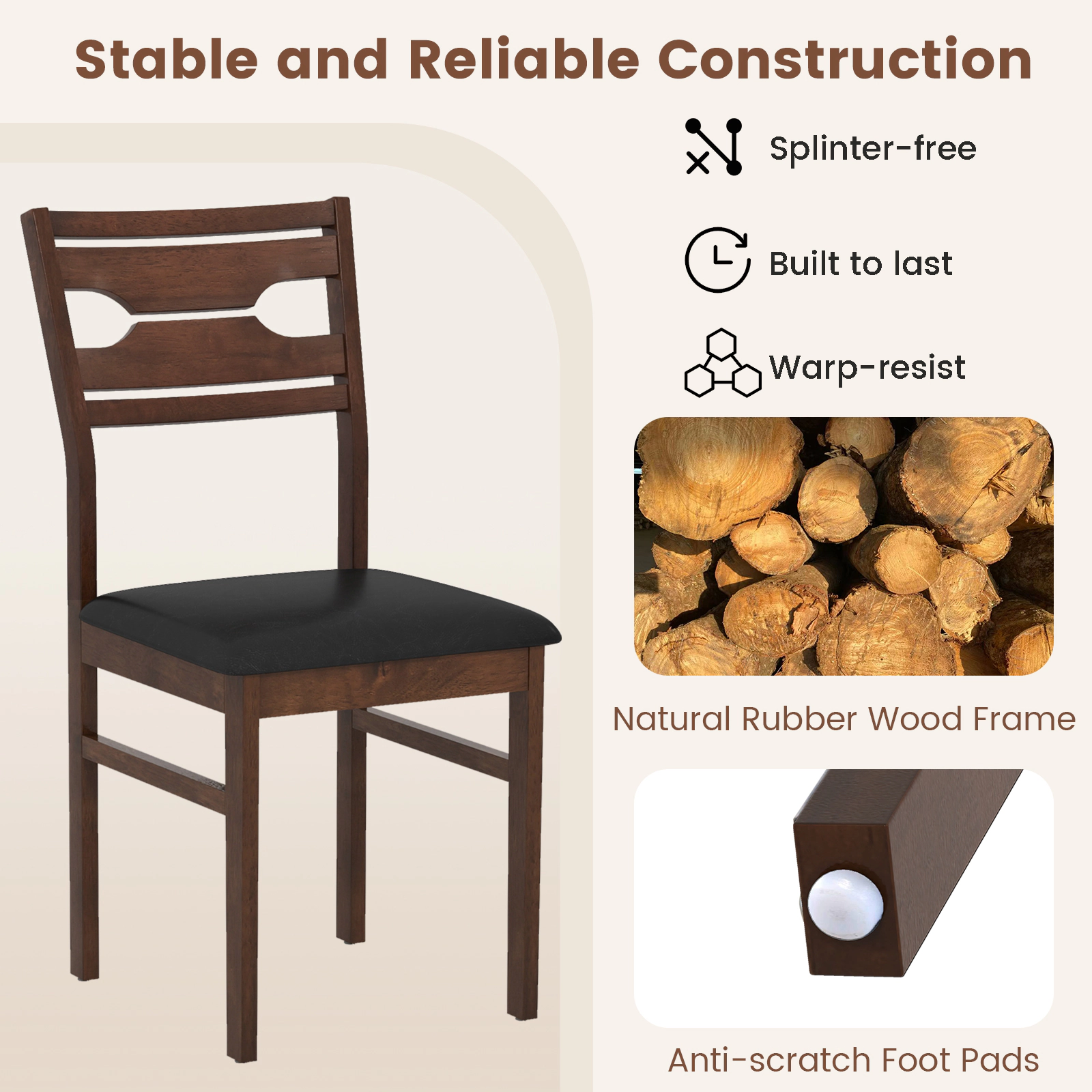 SUGIFT Walnut Wooden PU Leather Padded Seat Rubber Wood Frame Set of 2 Dining Chairs