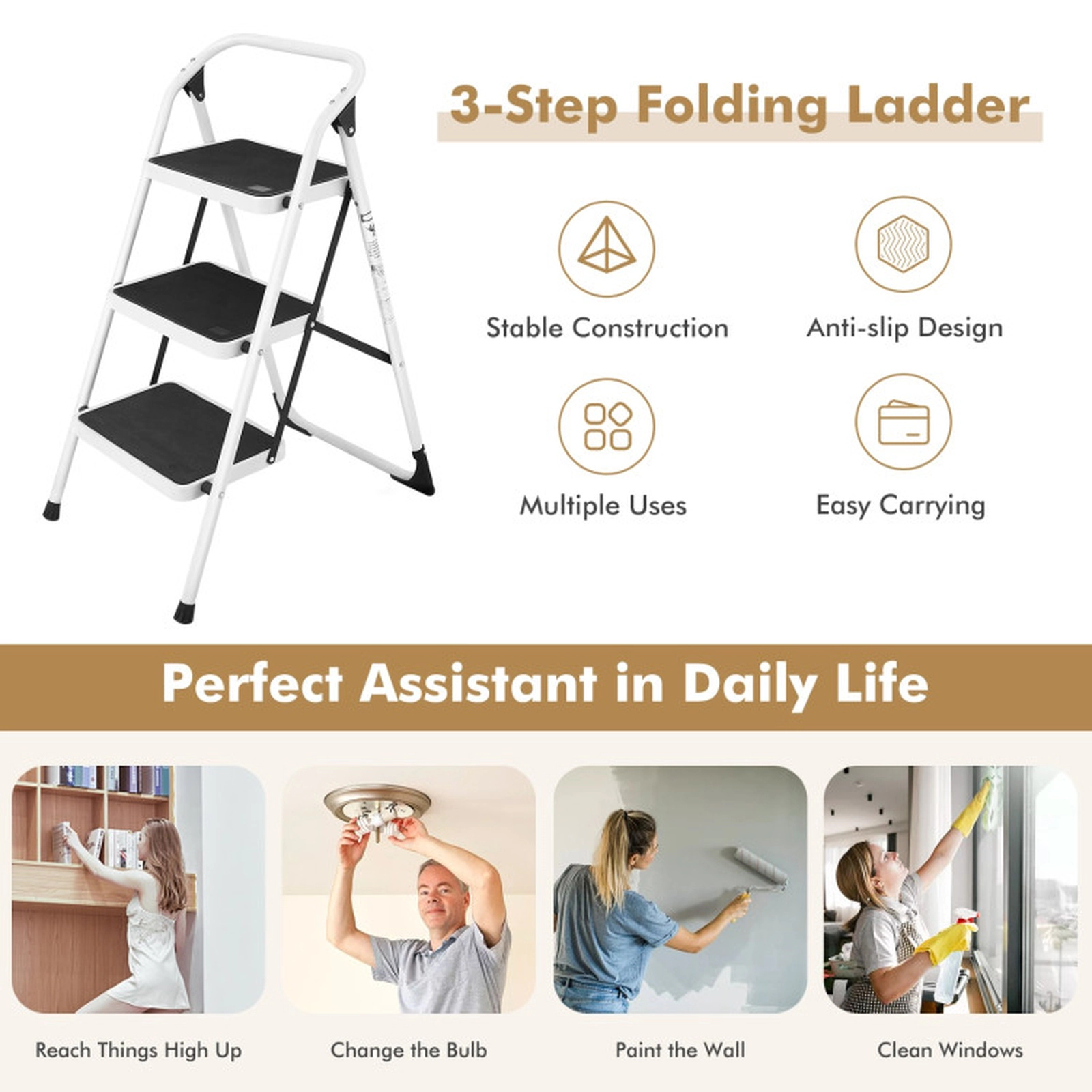 SUGIFT Folding 3-Step Iron Ladder Step Stool Anti-Slip 15 x 10-in Treads 330-lb Capacity 19.5 x 4 x 41-in Black/White