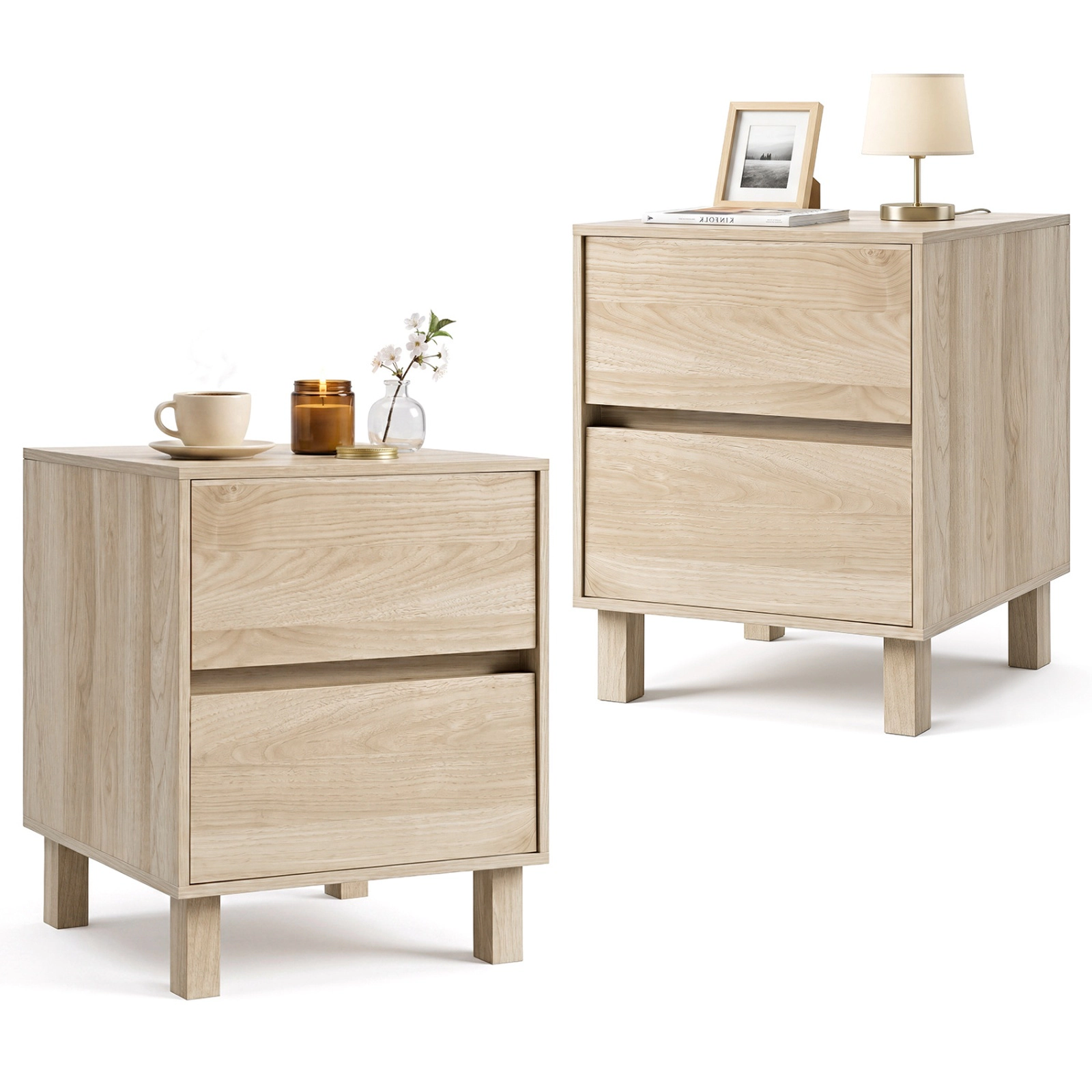 SUGIFT Set of 2 Modern Wooden End Tables with 2 Storage Drawers 22-lb Top Capacity Natural