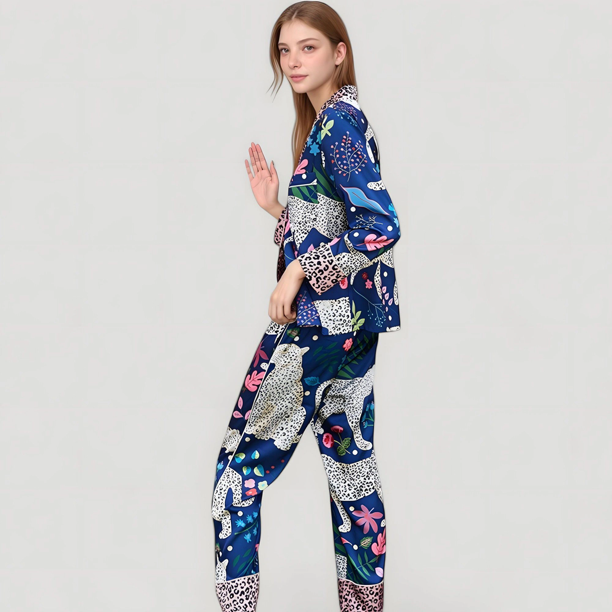 Anna-Kaci Women's Satin Leopard and Botanical Print Pajama Set with Button Up Long Sleeve Shirt Relaxed Fit Pants