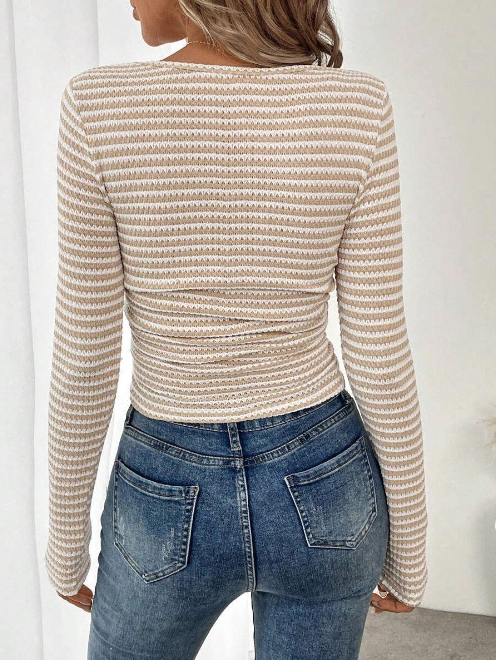 Enchanted Funland Womens Square Neck Striped Knit Long Sleeve Slim Fit Casual Tops