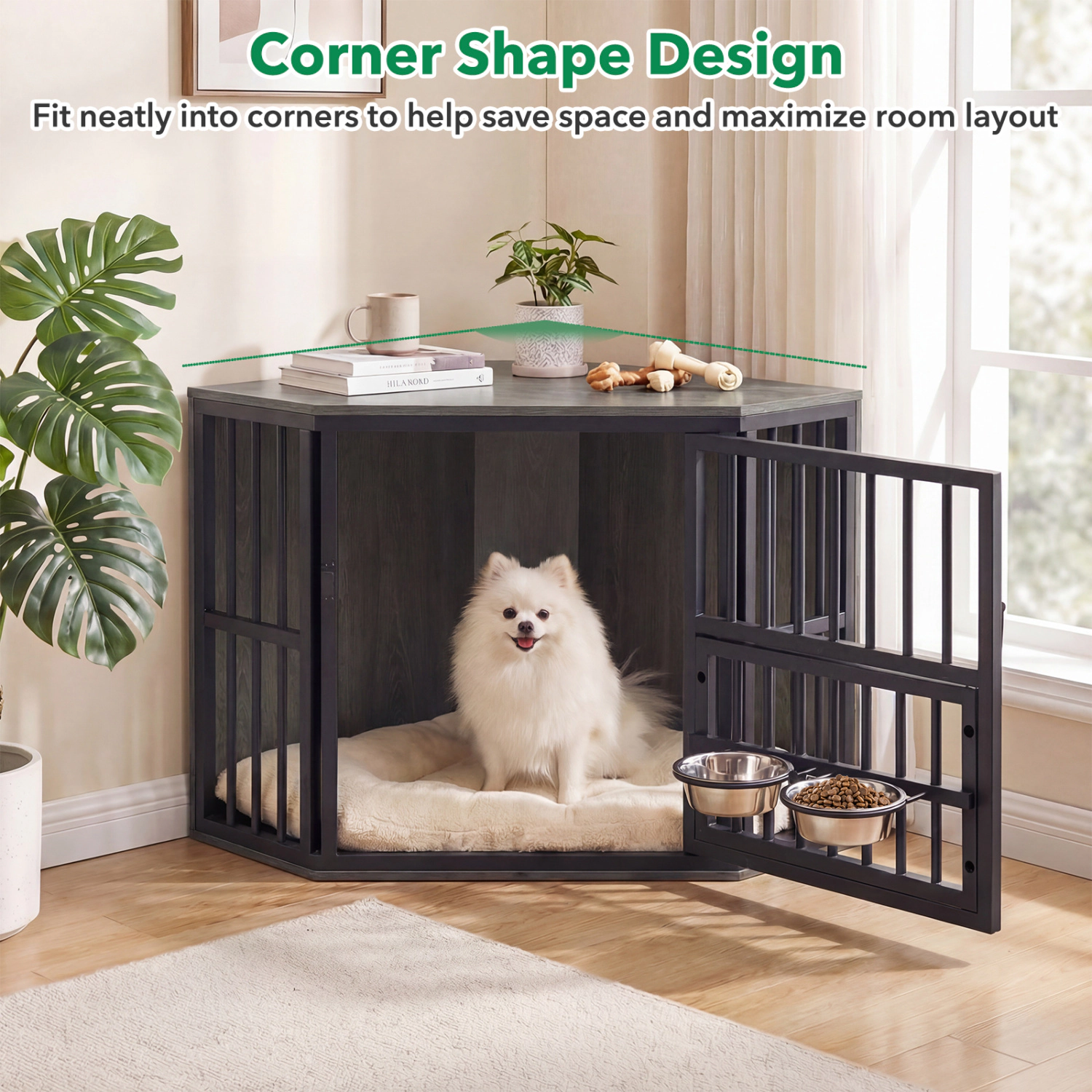 SUGIFT 35.5-in Corner Wooden Dog Kennel End Table Pet Crate with 3-Position Bowl Rack 110-lb Capacity Brown/Oak+Black
