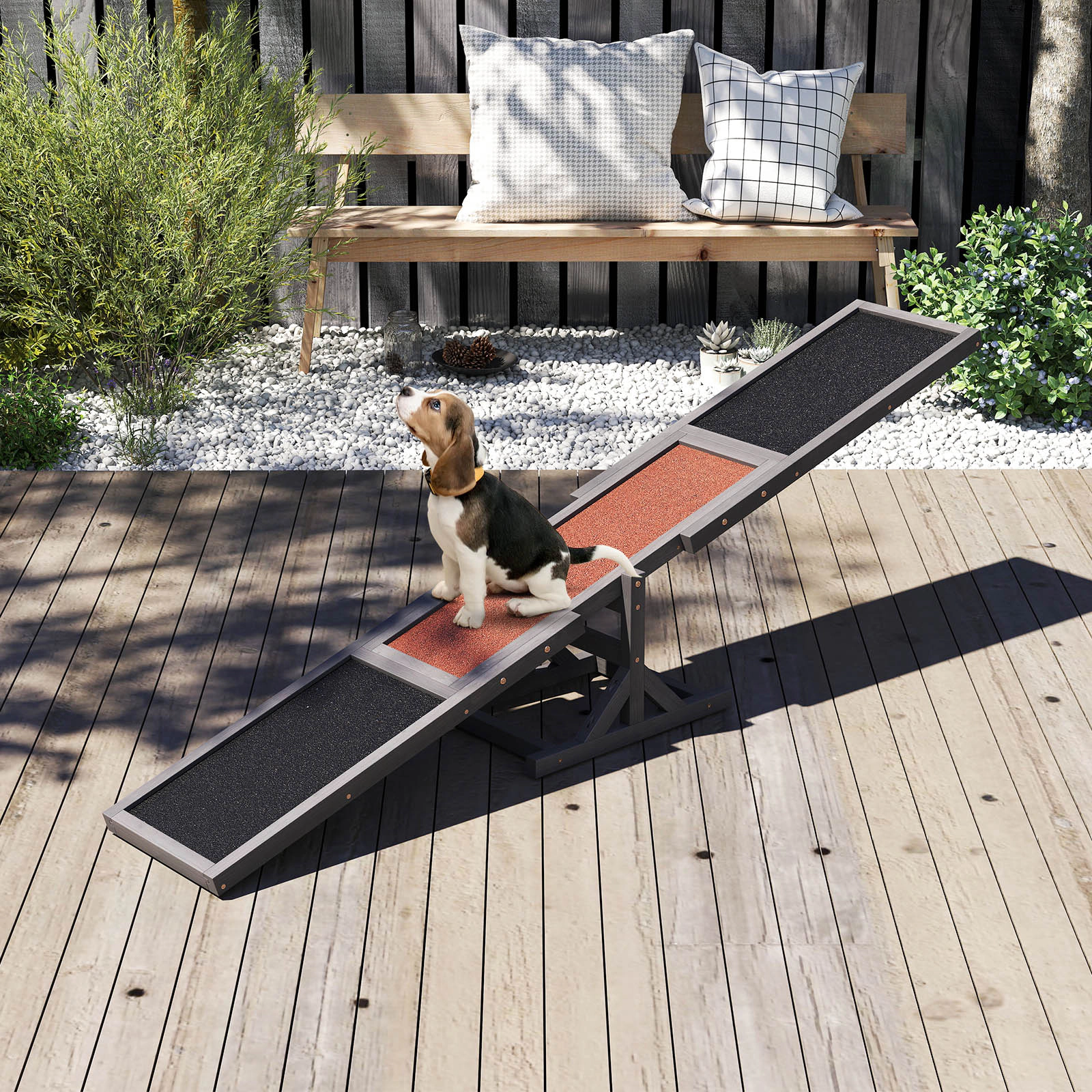SUGIFT Outdoor Wooden Dog Agility Seesaw Training Ramp 66-lb Capacity Dog Exercise Toy Gray/White