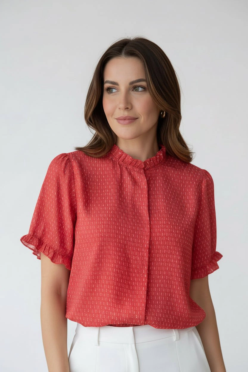 DressAtR Women's Line Print Close Ruffle Neck Half Sleeve Blouse