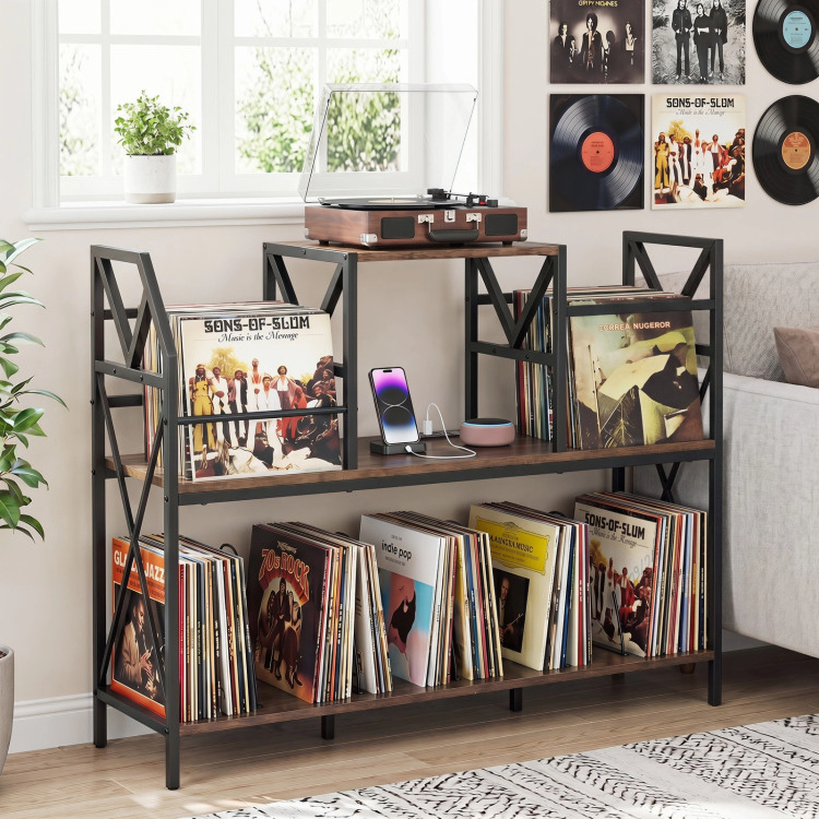 SUGIFT Record Player Stand with Power Outlets and Vinyl Storage 350-lb Capacity Rustic Brown & Black