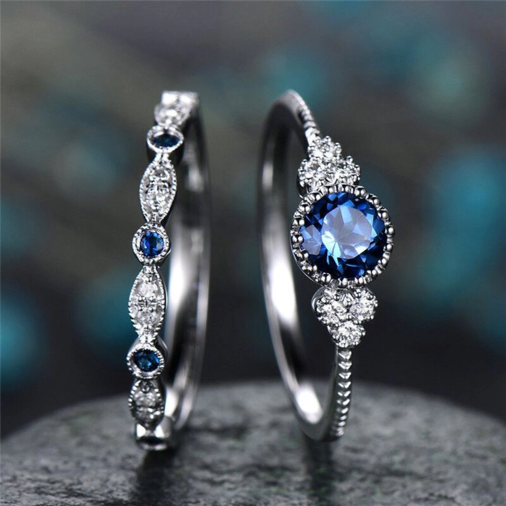2Pcs Rings for Women Shiny Round Zirconia Jewelry Engagement Party Ring
