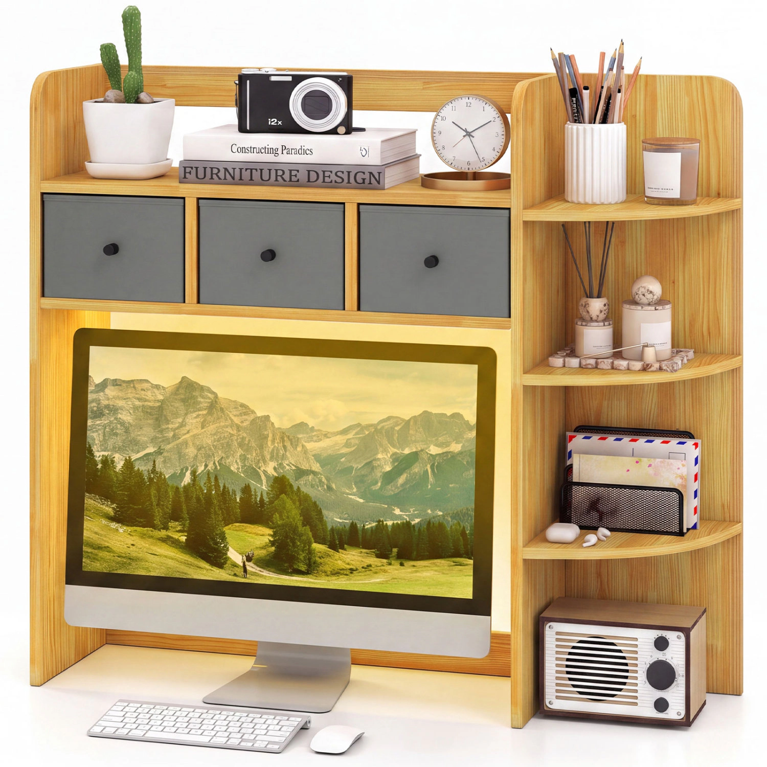 LJG Desktop Bookshelf with LED Lights 5-Tier Shelves and 3 Drawers for Home Officce