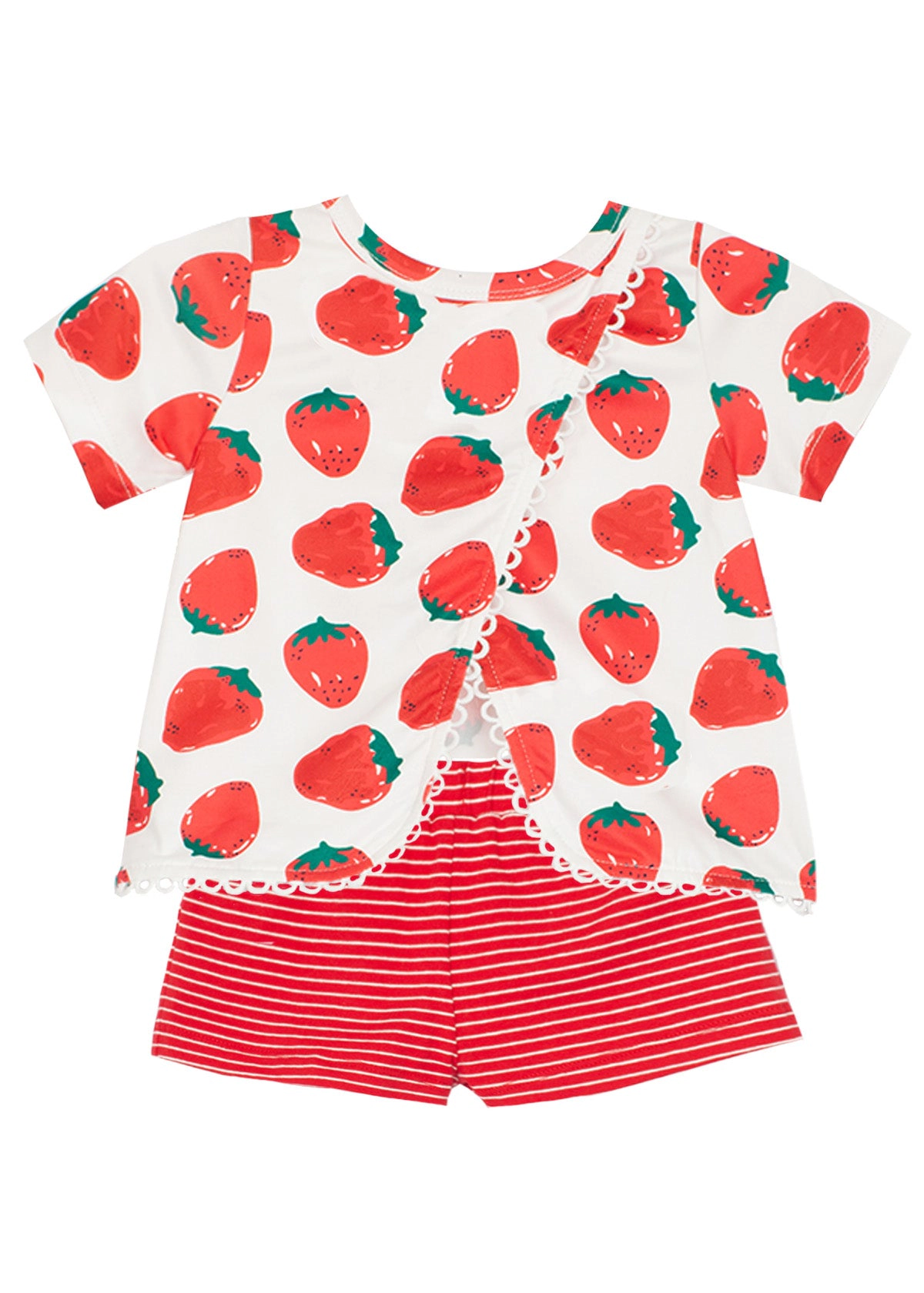 Mabel and Honey Strawberry Knit Two-Piece Set - Scallop Hem Top Elastic Waist Shorts