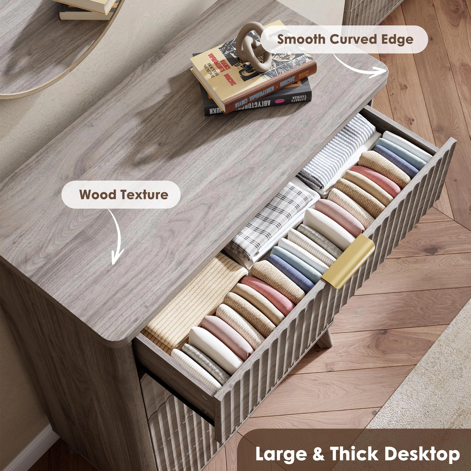 Fluted 5 Drawer Dresser, Curved Profile Design 47.2" Tall Wooden Chest for Bedroom Living Room Hallway
