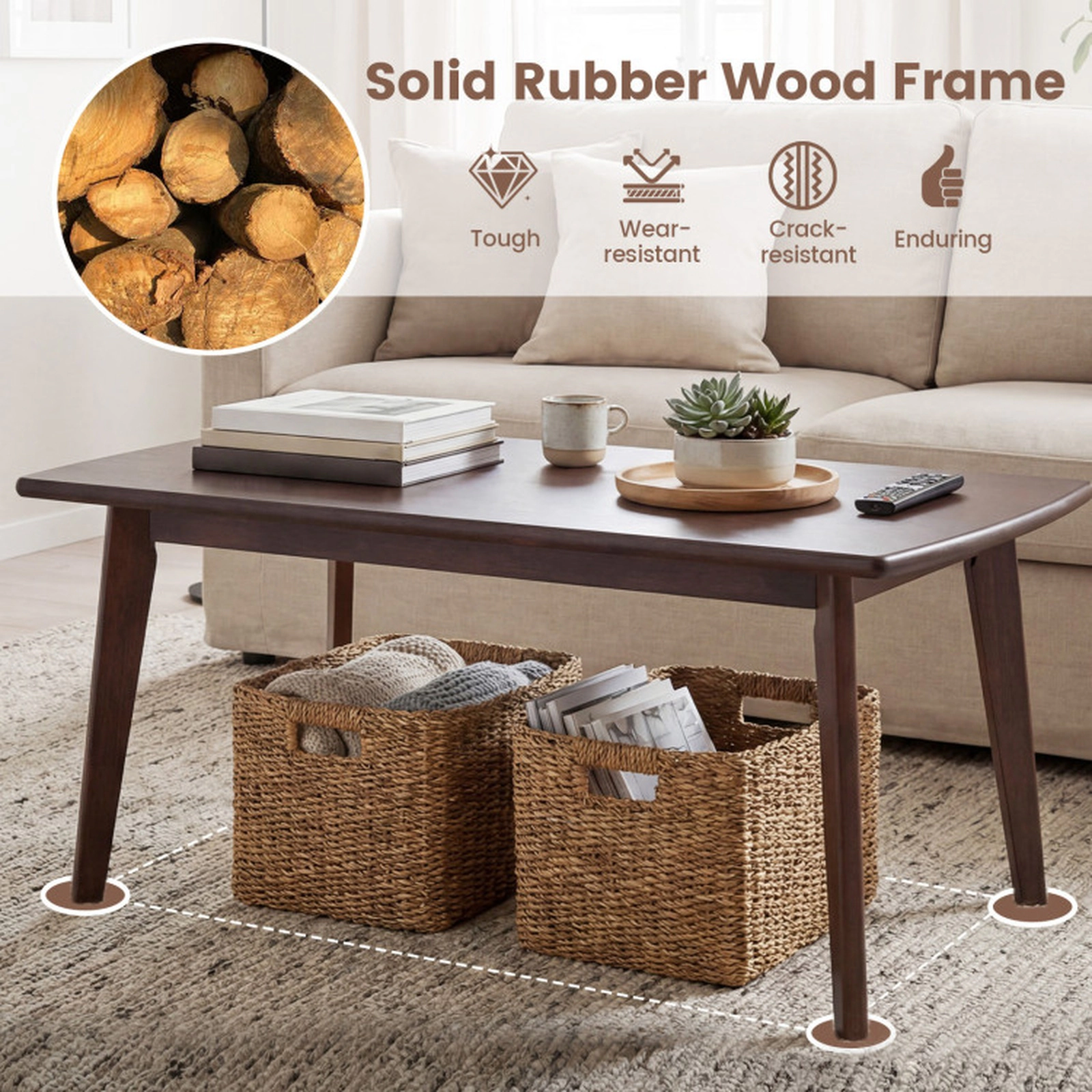 SUGIFT Solid Rubber Wood Tapered Legs Mid Century Modern Coffee Table 34.5-in x 21-in x 17-in 176-lb Capacity Walnut