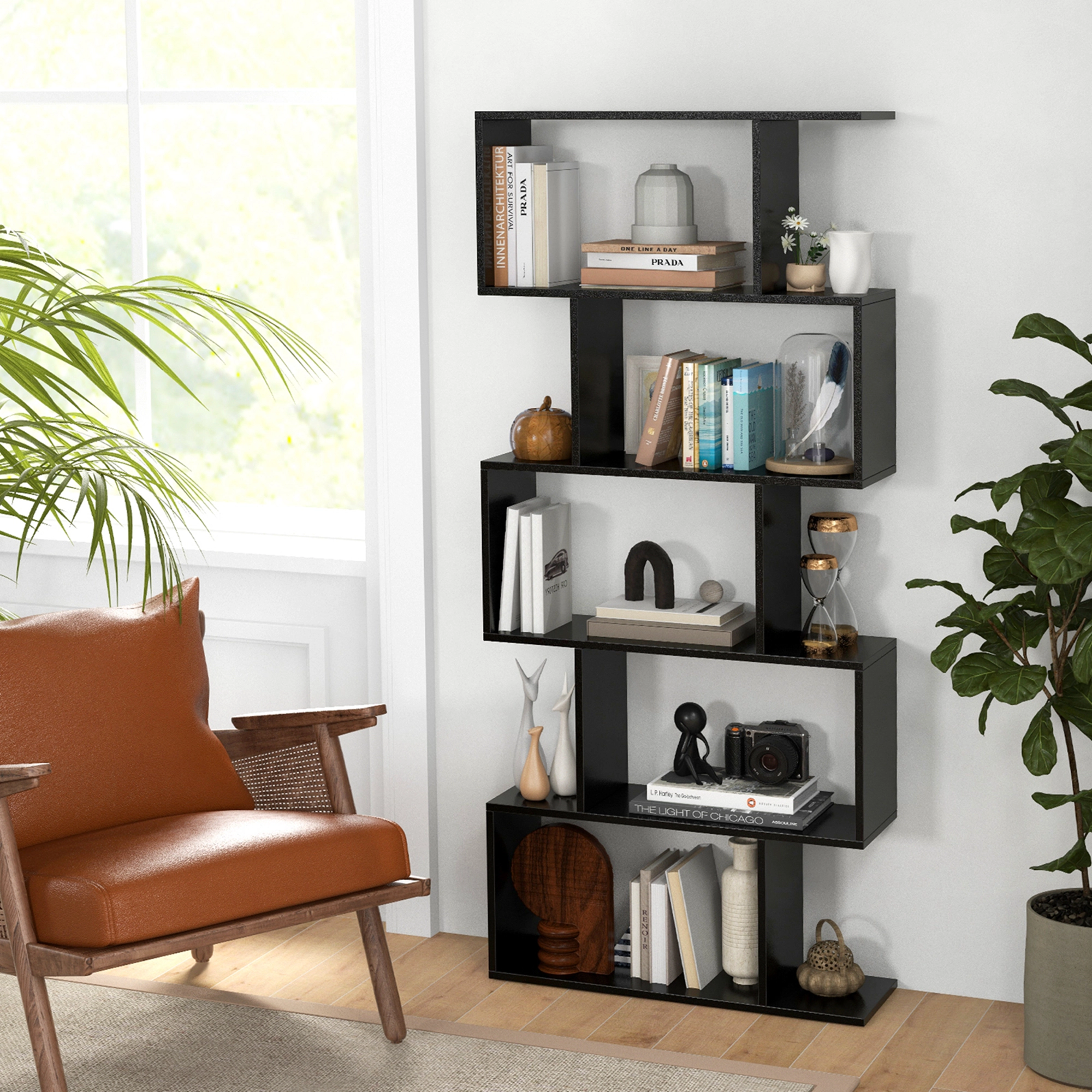 Costway 1/2 PCS 5-Tier Bookshelf Geometric S-Shaped Bookcase Room Divider Storage Display