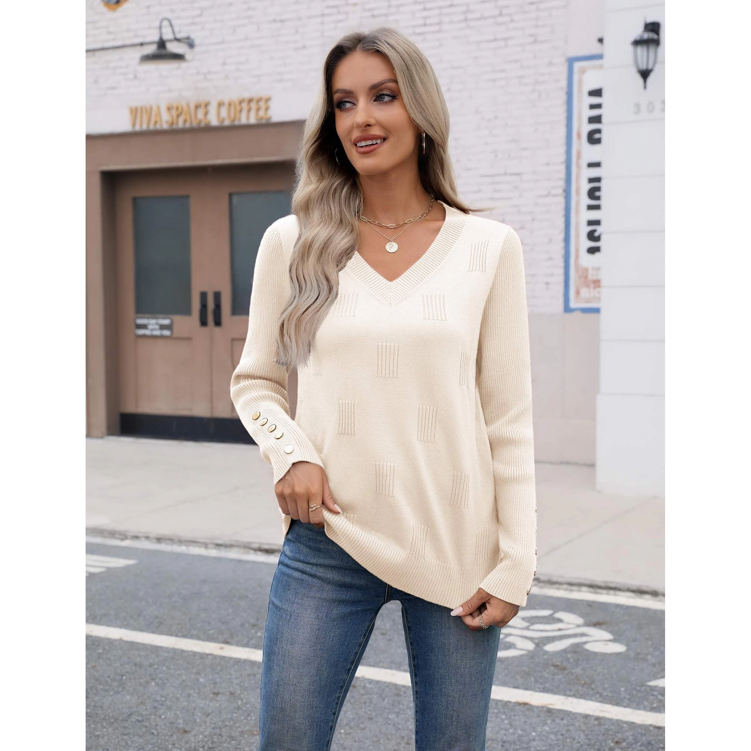 Zeagoo Women's Long Sleeve V-Neck Ribbed Knit Sweater