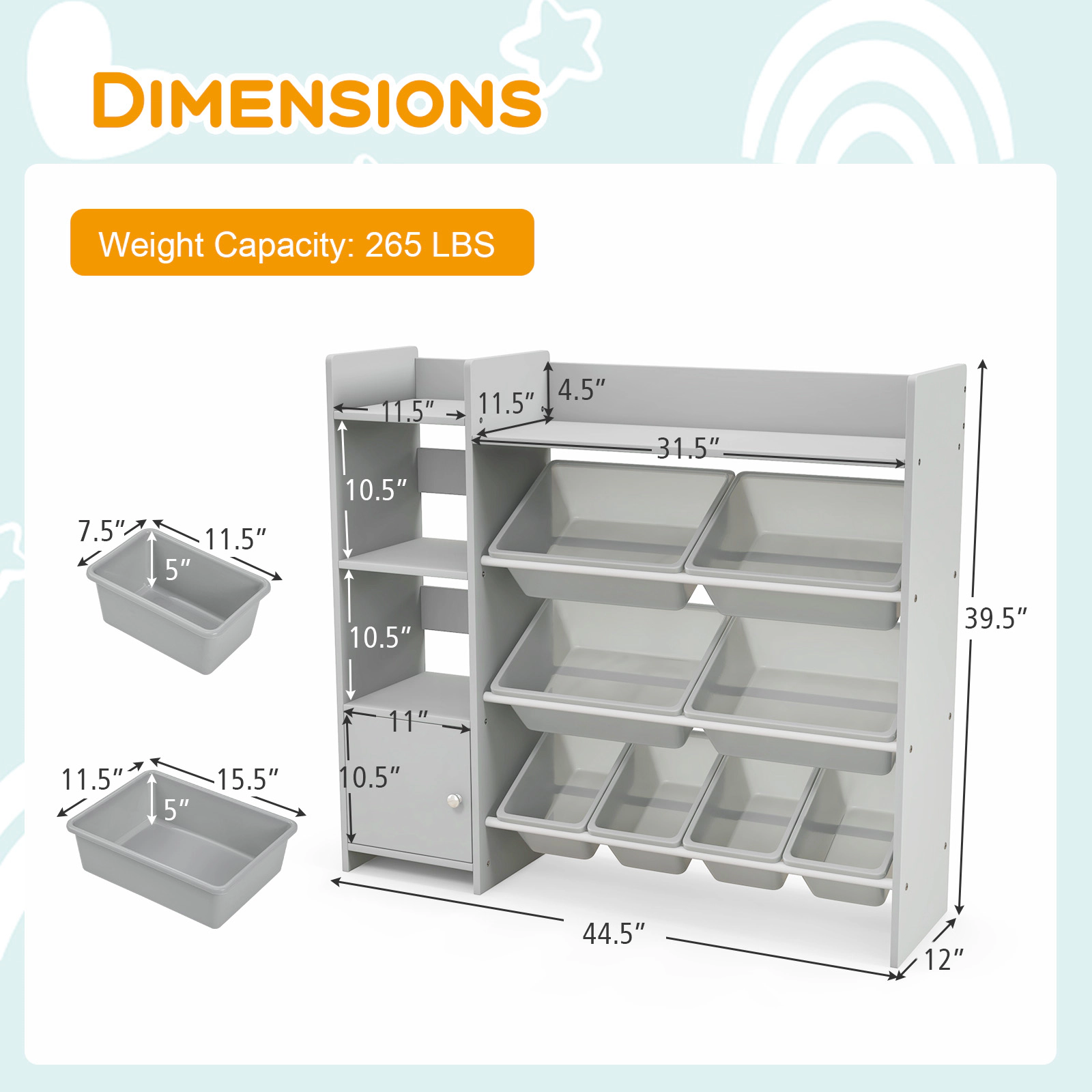 SUGIFT 4-Tier Kids Bookshelf and Toy Storage Rack with Cabinet 265-lb Total Capacity 8 Removable Bins 44.5-in Frame Gray