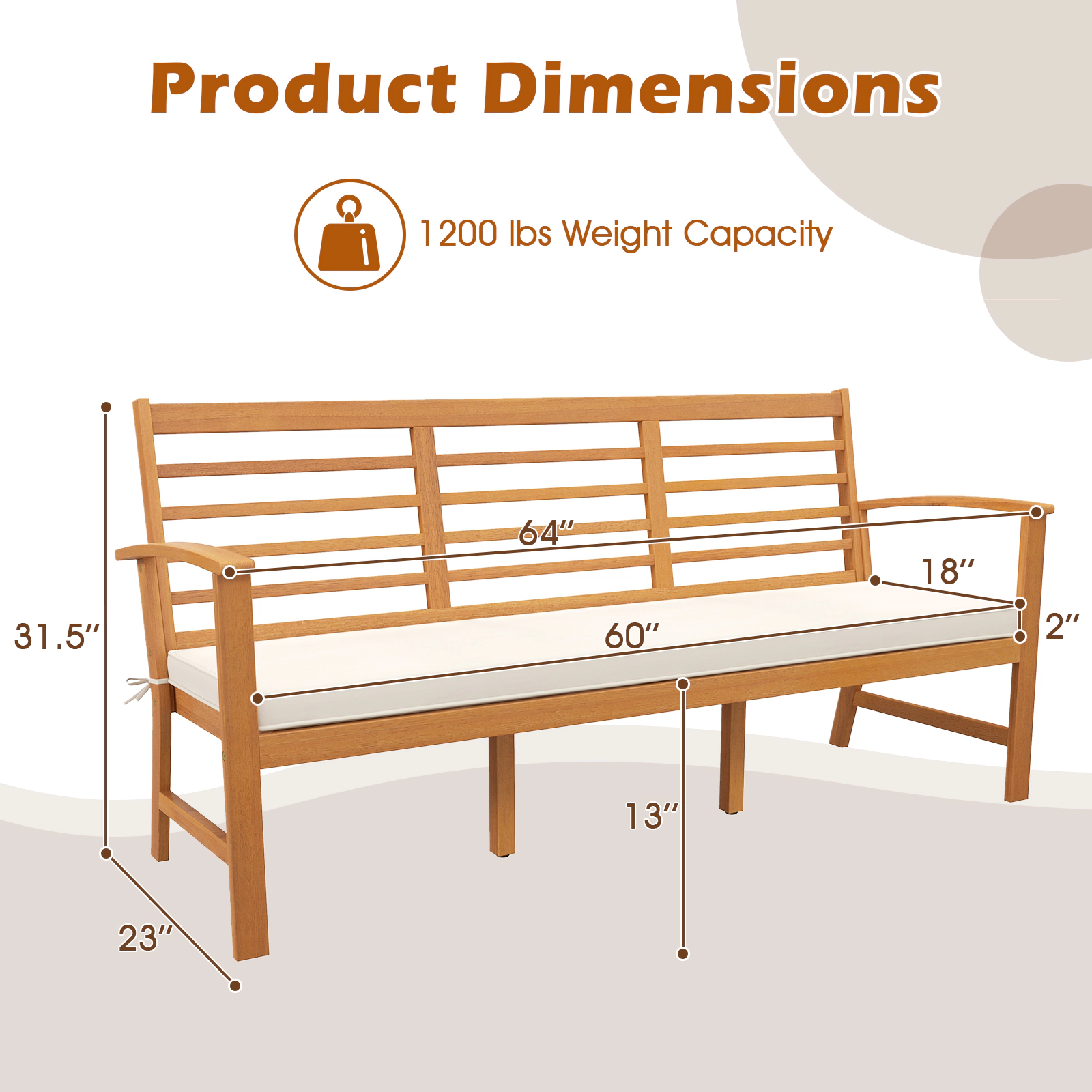 Hivvago Patio 64 Inch Wood Bench with Seat Cushion and Slatted Seat for Backyard