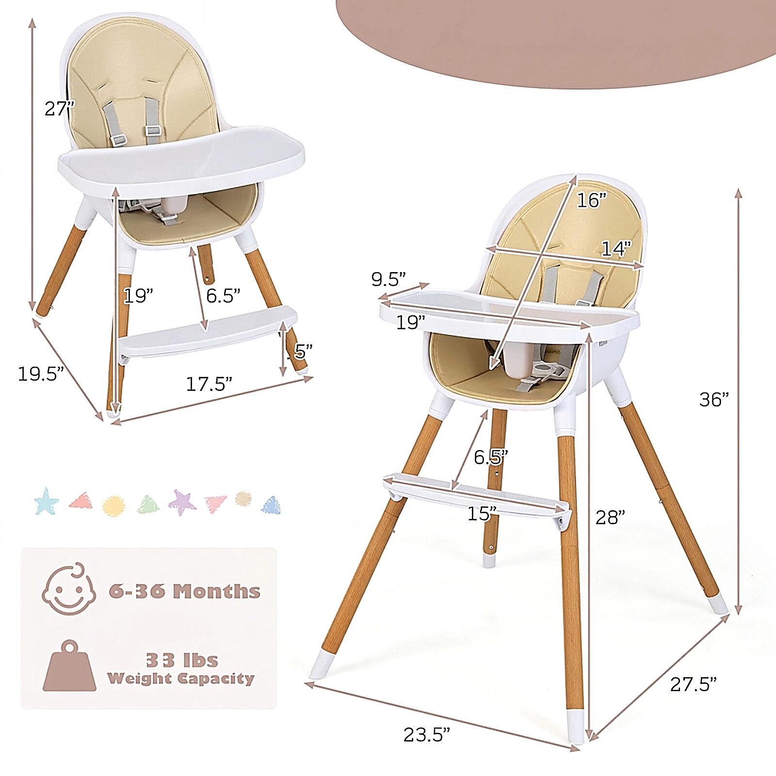 SUGIFT Beige 4-in-1 Convertible Baby High Chair with Tool Free Detachable Legs and Adjustable Tray 36-in Tall